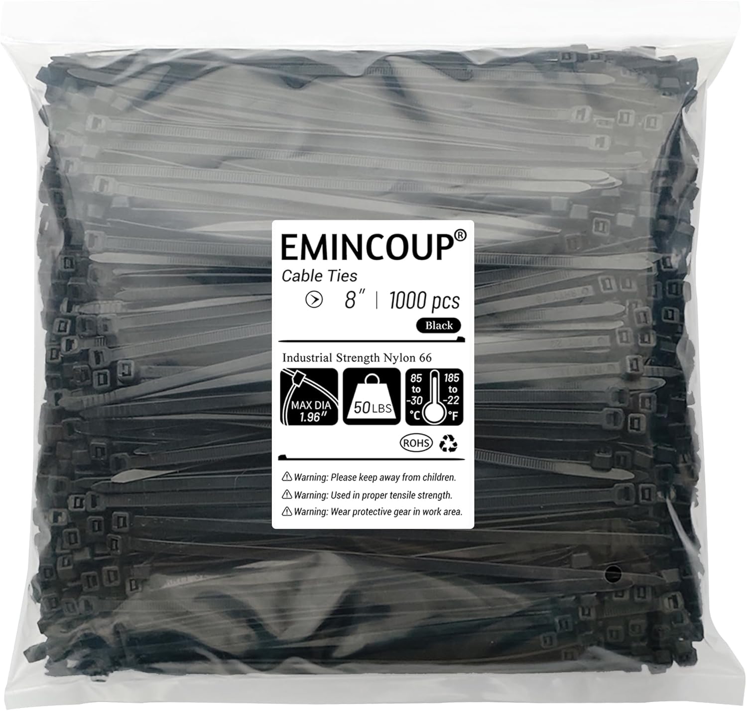 Zip Ties 12 inch 1000 Pack Black, 50 lbs Tensile Strength, Self-Locking Nylon Cable Ties, UV Resistant Plastic Wire Ties for Indoor and Outdoor Use by EMINCOUP