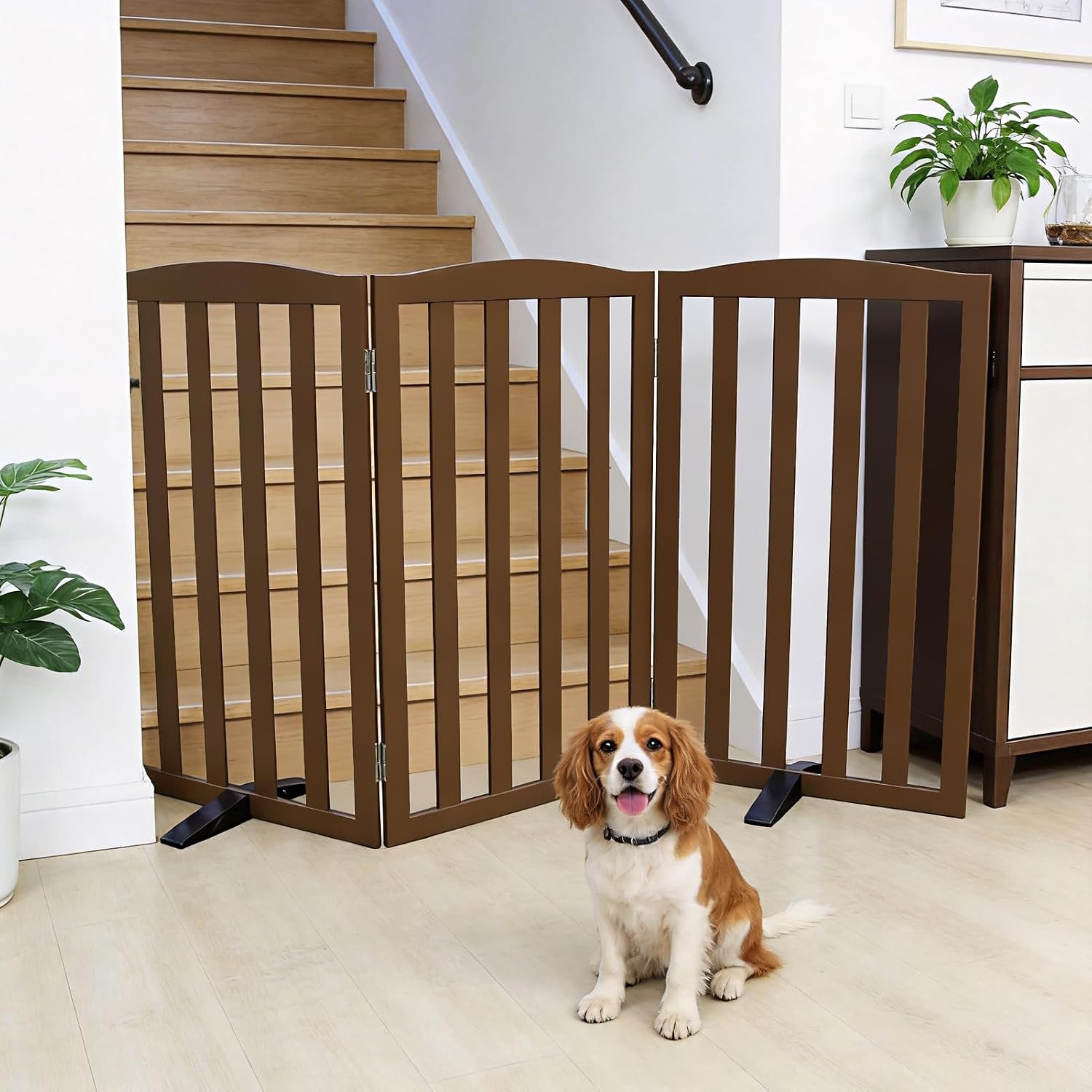 Freestanding Dog Gate Indoor,Doggie Gate Foldable Pet Gates for Doorways,Stairs or Hallways, Wooden Brown Pet Gate for the House, Pet Fence with Support Feet Included,32 "Height-3 Panels