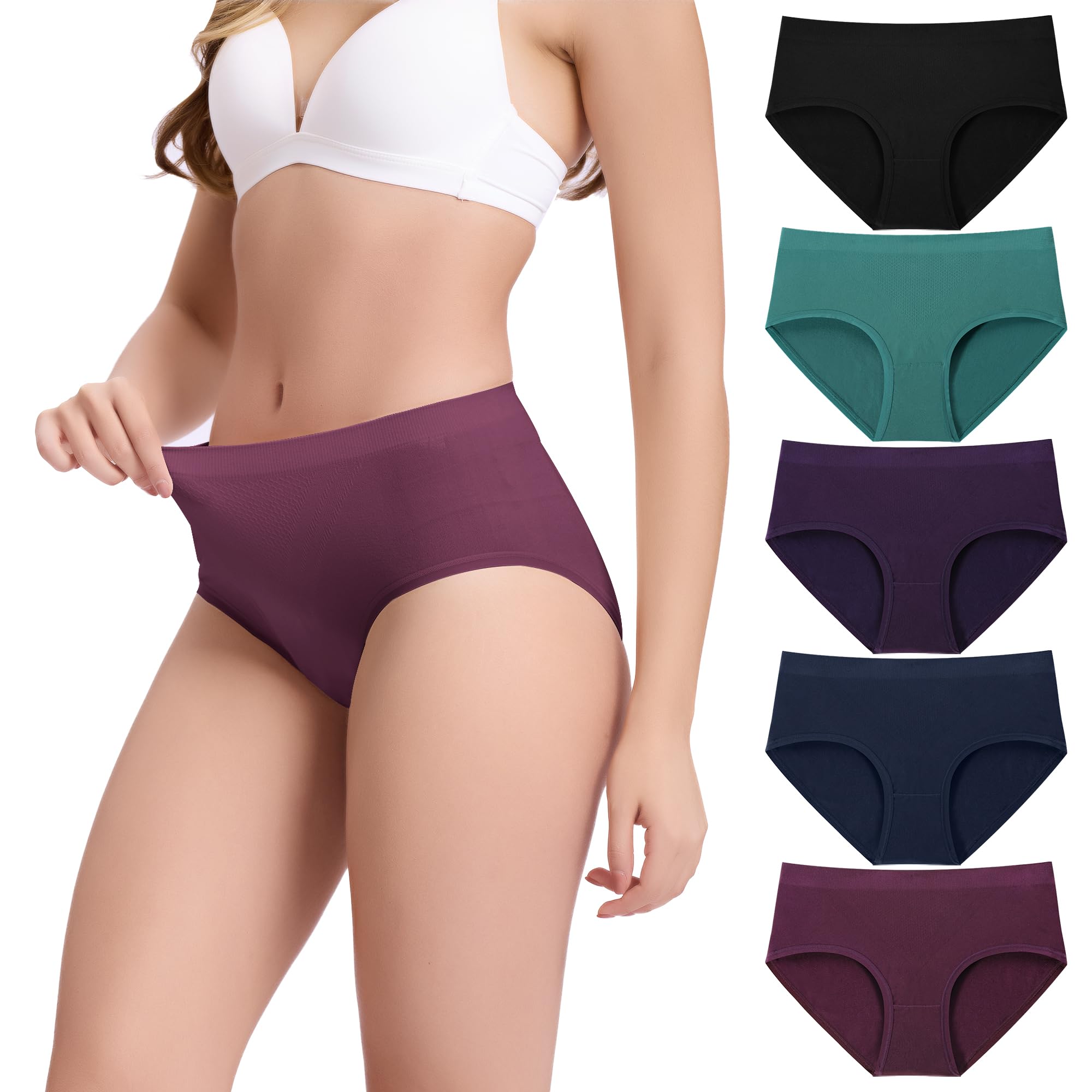 BAMBOO COOLWomen's Underwear Mid Waisted Brief Ladies Seamless Panties Moisture Wicking Stretchy Full Coverage 5 Pack