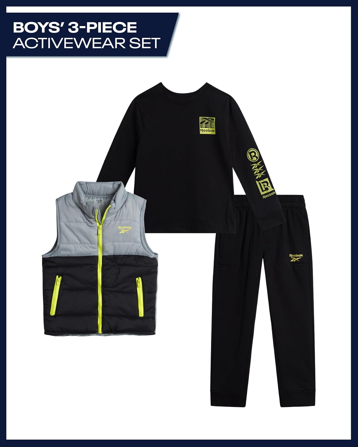 Reebok Baby Boys Pants Set - 3 Piece Full Zip Puffer Vest Long Sleeve Shirt & Fleece Jogger Pants For Infants Toddler & Kids
