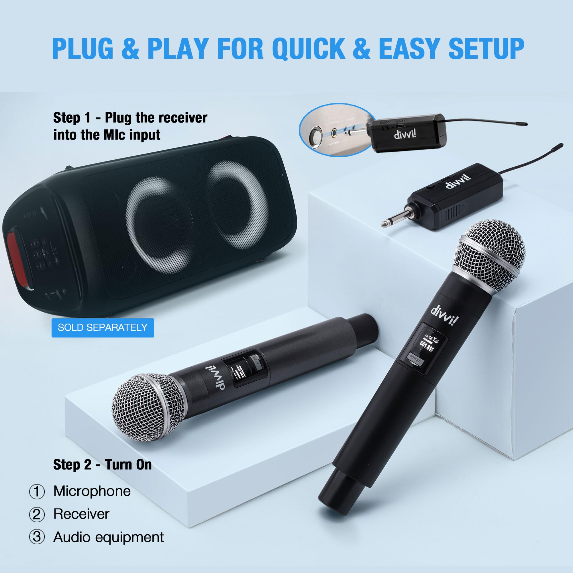 divvi! Wireless Microphone (Pair) - Fast, Stable Transmission - Up to 5 Hours Battery Life - Includes Adapter, Receiver, Carrying Case, Charging Cable & Microphone Head Cover (2)