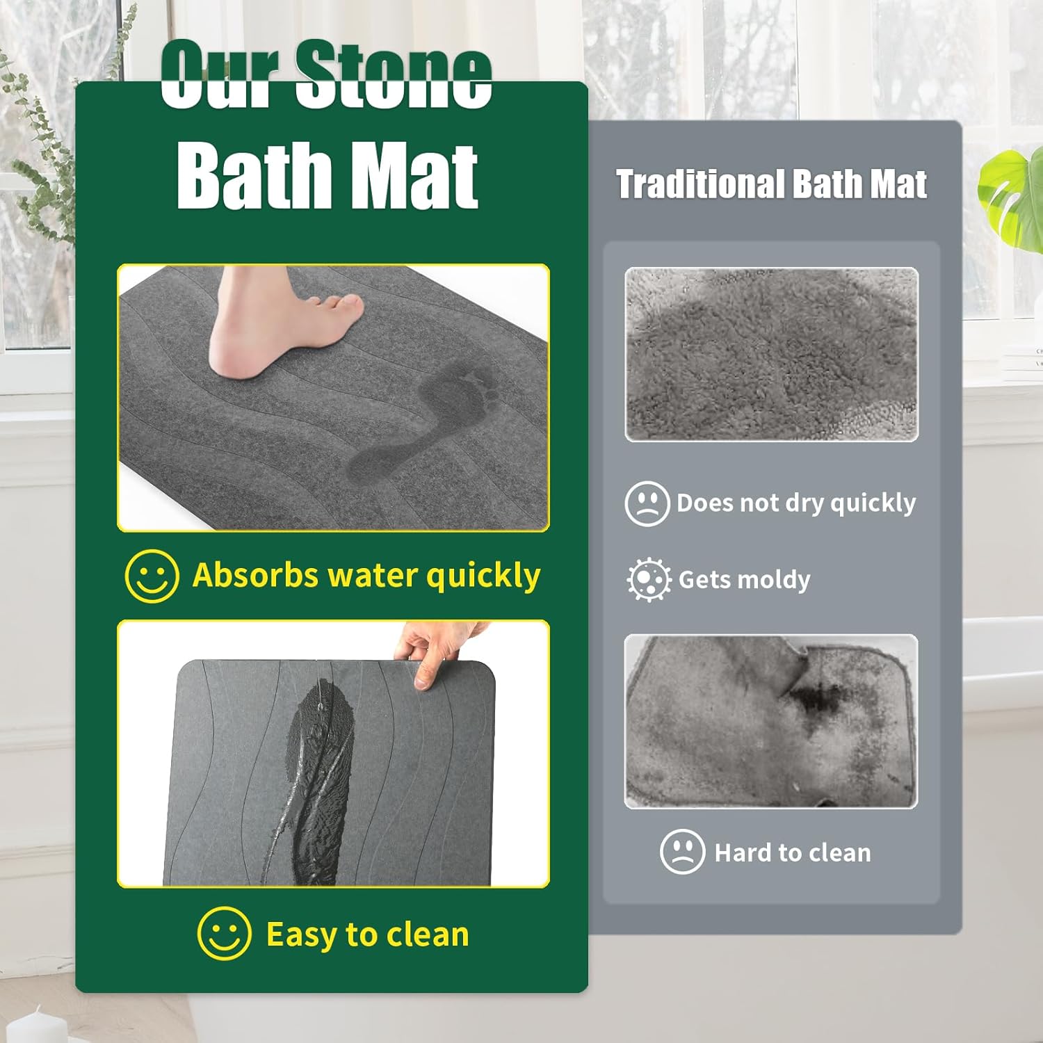 Large Stone Bath Mat, 31.5'' x 19.7'' Super Absorbent Diatomaceous Earth Bath Mat Large, Quick Drying Non-Slip Diatomite Stone Bath Mats for Bathroom, Easy to Clean (Dark Gray)