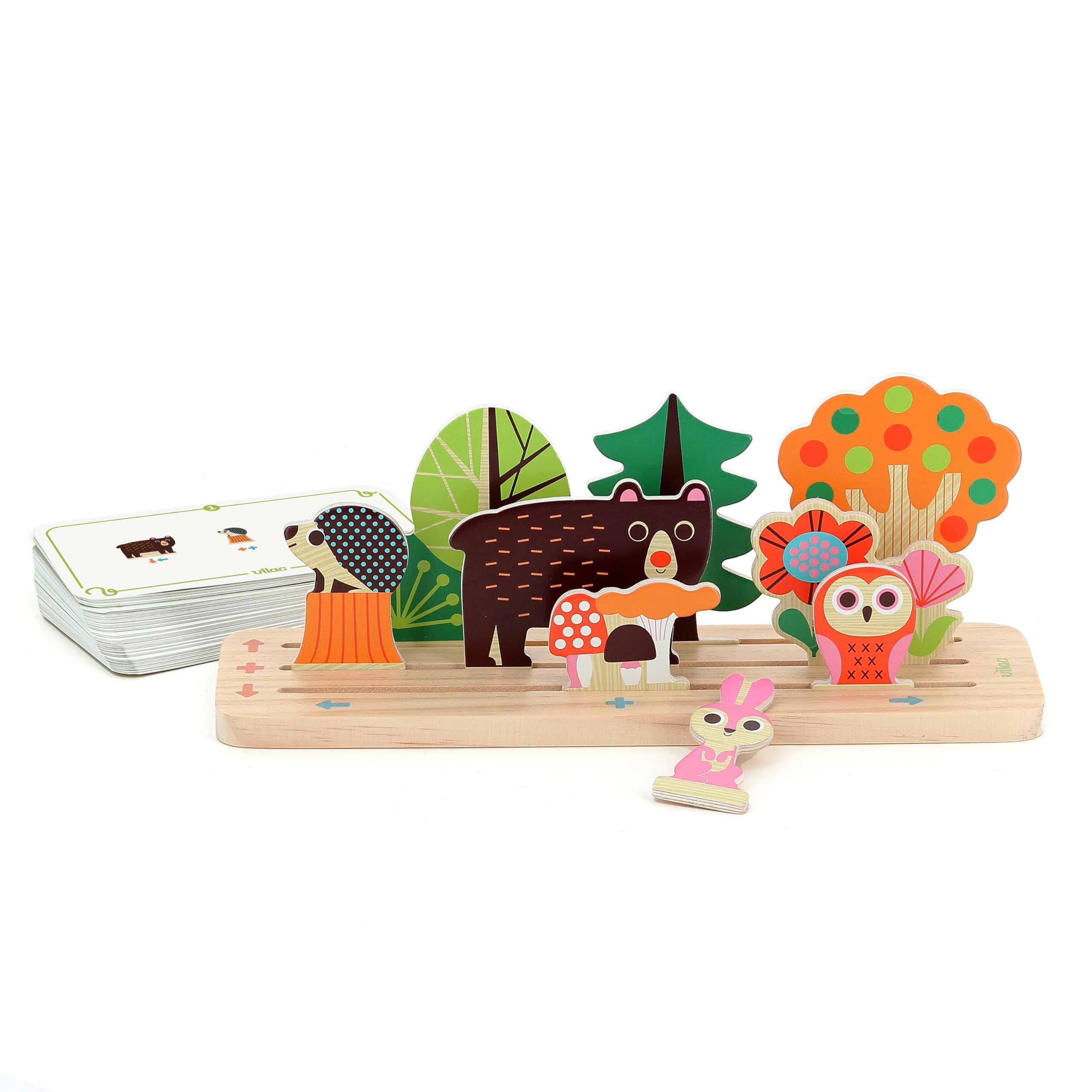 VILAC - Oussassplass La foresta - Ingela P.Arrhenius - 9 pezzi in legno + 60 carte da gioco con livelli di difficoltà evolutivi - Giochi di risveglio per bambini in legno - dai 3 anni - 7634