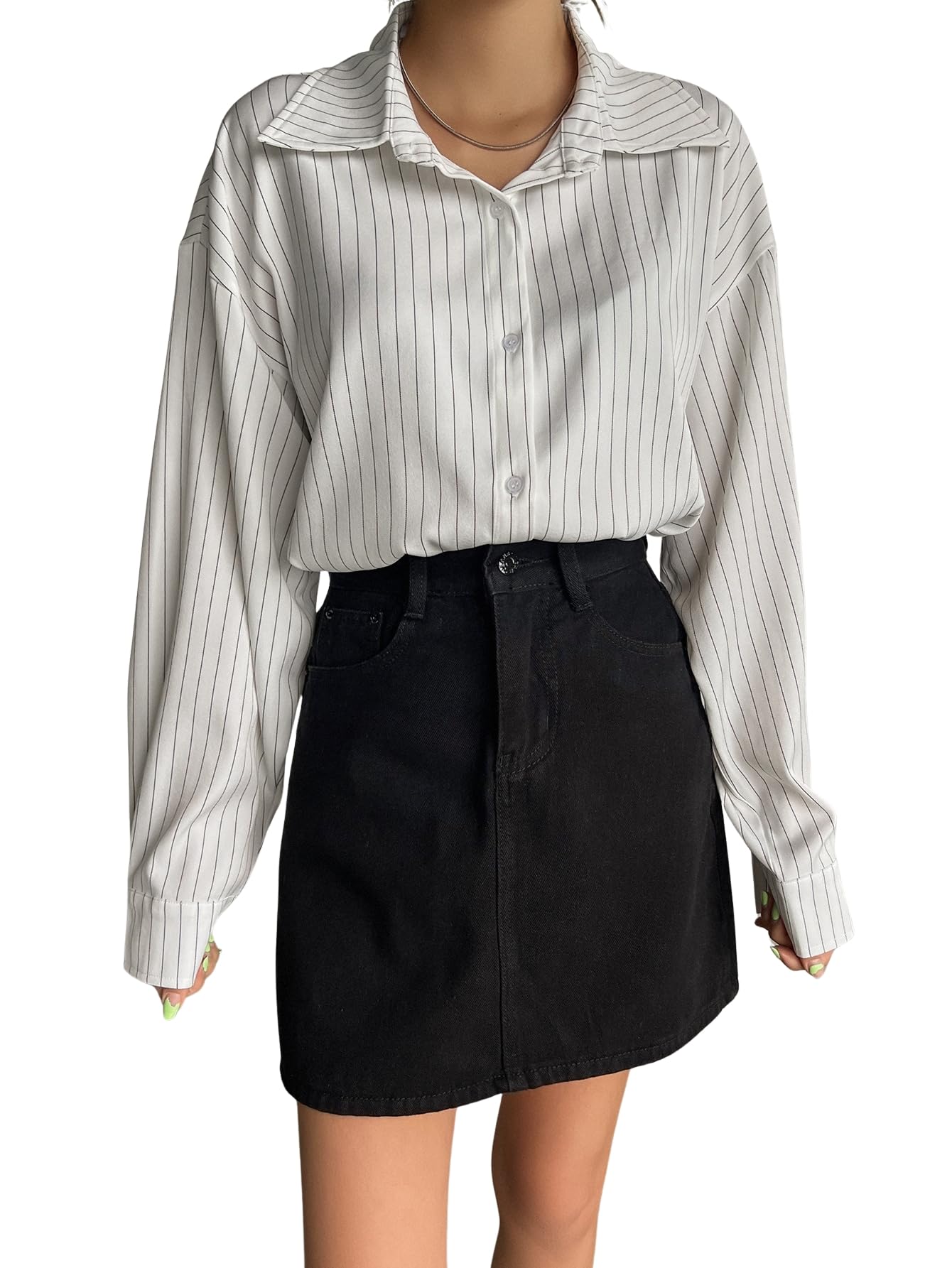 SNITCH Solid Button Up Drop Shoulder Vertical Stripe Pattern Casual Long Sleeve Shirt for Women's & Girl's in neutral