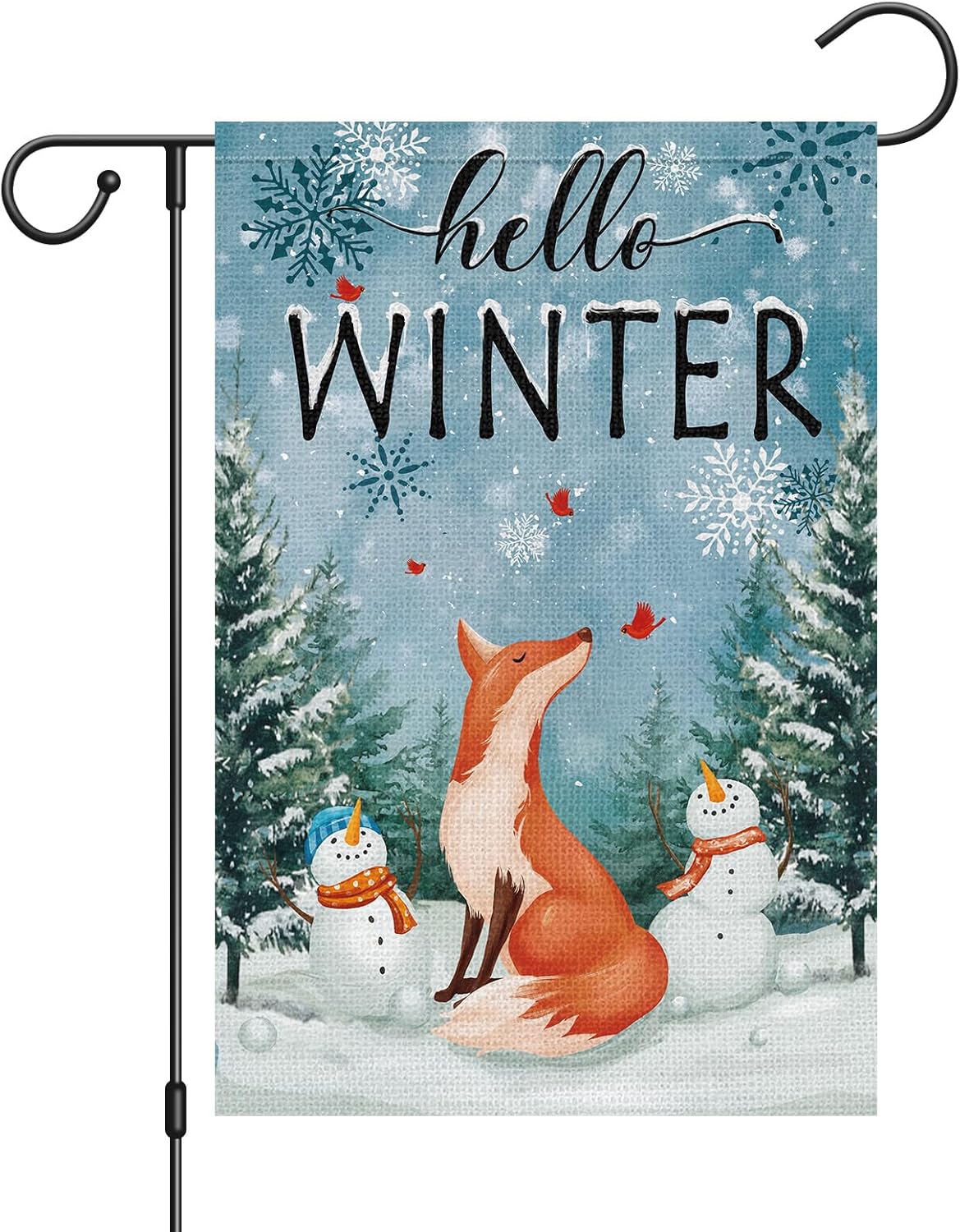 Hello Winter Fox Garden Flag 12x18 Inch Double Sided Vertical Snowman Snowflakes Winter Yard Outside Burlap Decorations