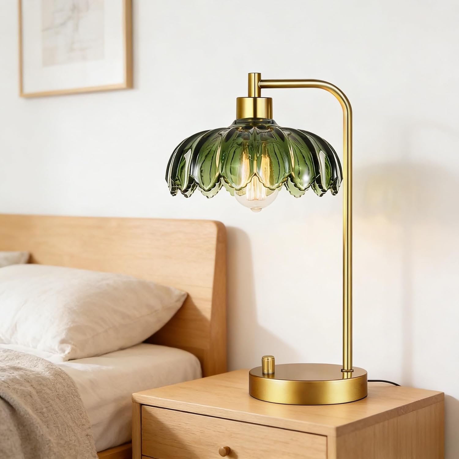 ILLMTW Glass Table Lamp Set of 2,Small Gold Bedside Lamps Dimmable Boho Bedroom Lamp with Tulip Flower Green Lamp Shade,Vintage Mid Century Modern Mini Nightstand Lamp for Bedroom Living Room