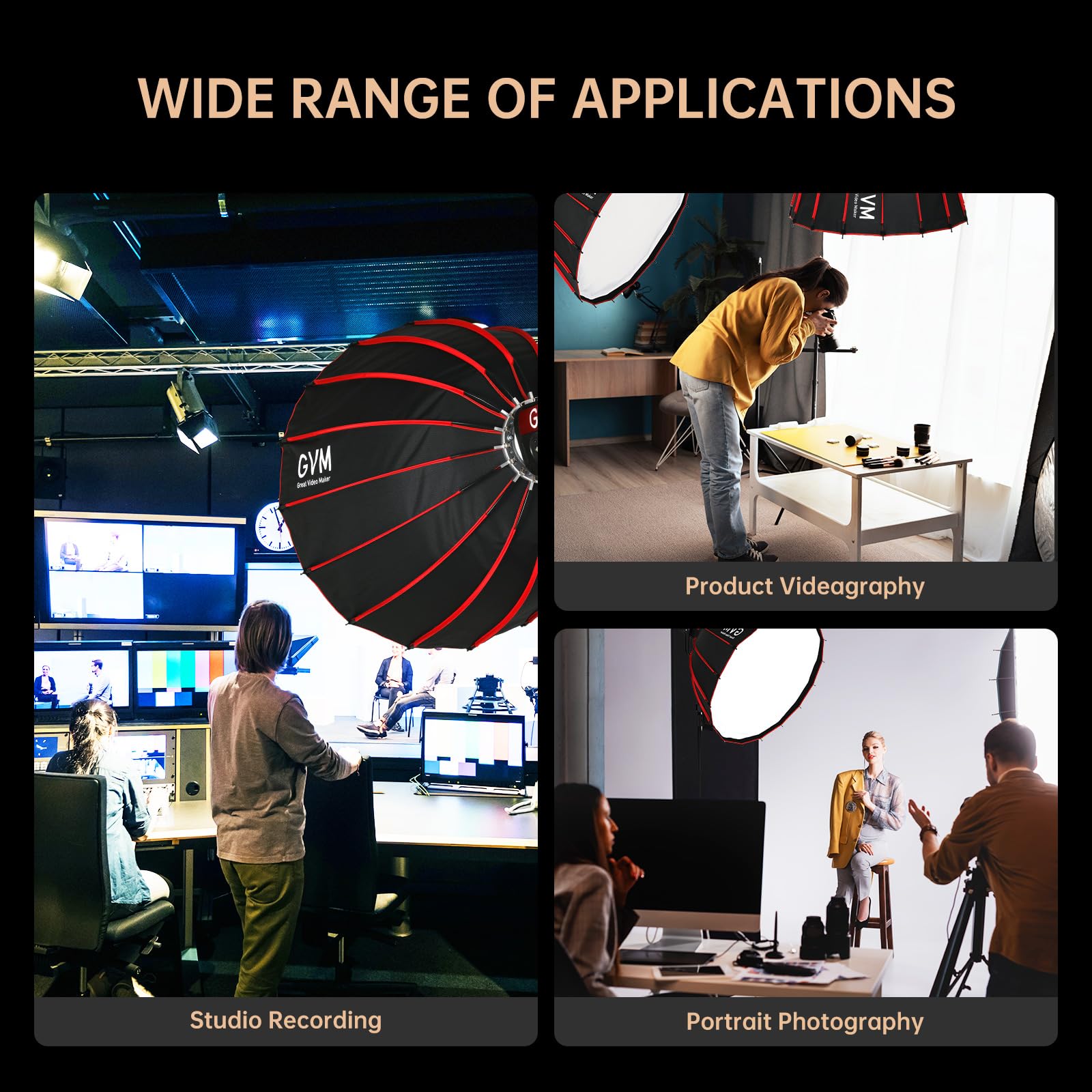 GVM Boîtes à Lumière éclairage Monture Bowens, Boîte à Lumière à dégagement Rapide Compatible avec PRO-SD200B/SD300B/SD400B/SD500B/SD650B/ et Autres éclairages à Monture Bowens Photographie en Studio