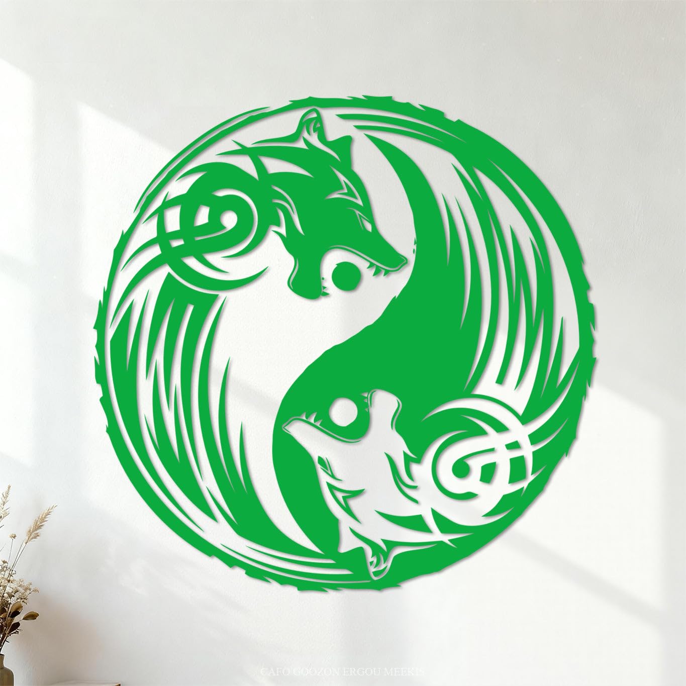 Lettering Decals Couple Wolfs Yinyang Oriental Ornament 42x42.6cm Car Body Decoration Green