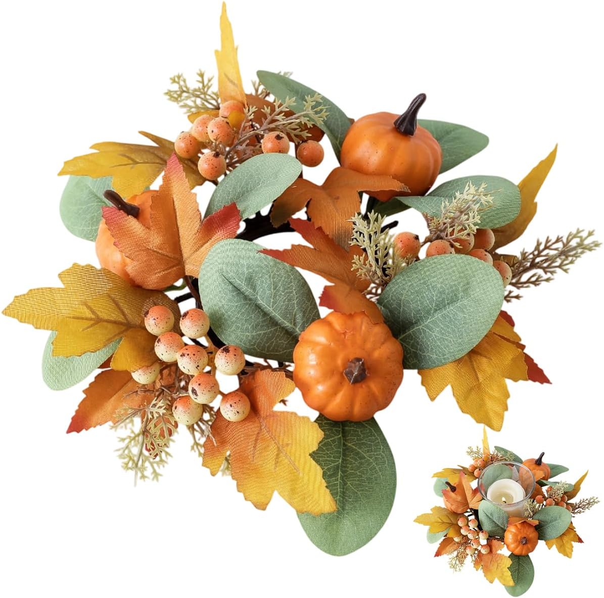 Thanksgiving Fall Candle Ring Wreaths Artificial Pumpkin Maple Leaf Berries Candle Holder for Autumn Wedding Harvest Party Halloween Tabletop Farmhouse Garland Home Decoration