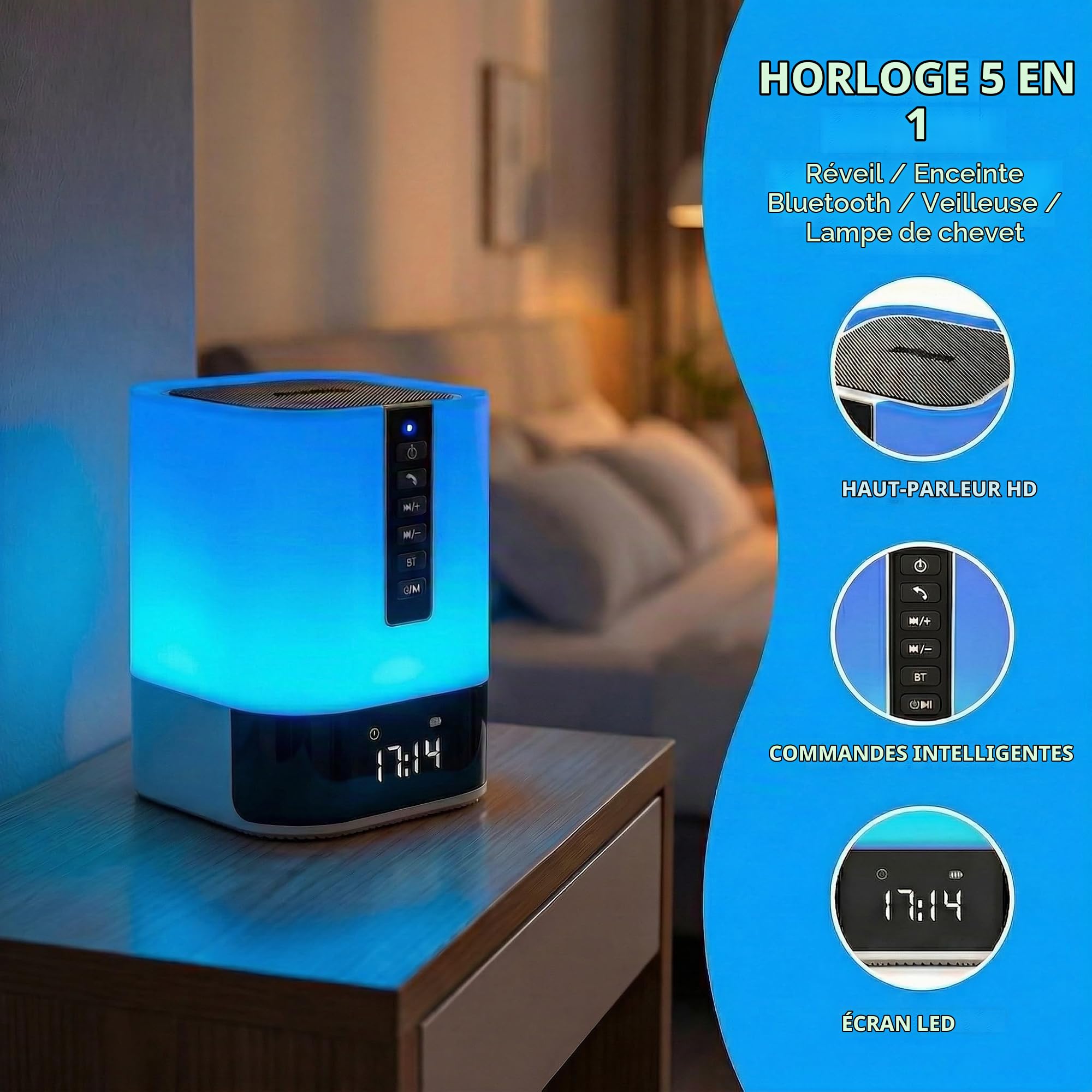 Hetyre Veilleuse Bluetooth 5 en 1, contrôle tactile, lampe de chevet à intensité variable, réveil pour chambre à coucher, meilleure idée de cadeau d'anniversaire pour adolescents/garçons de 10, 11,