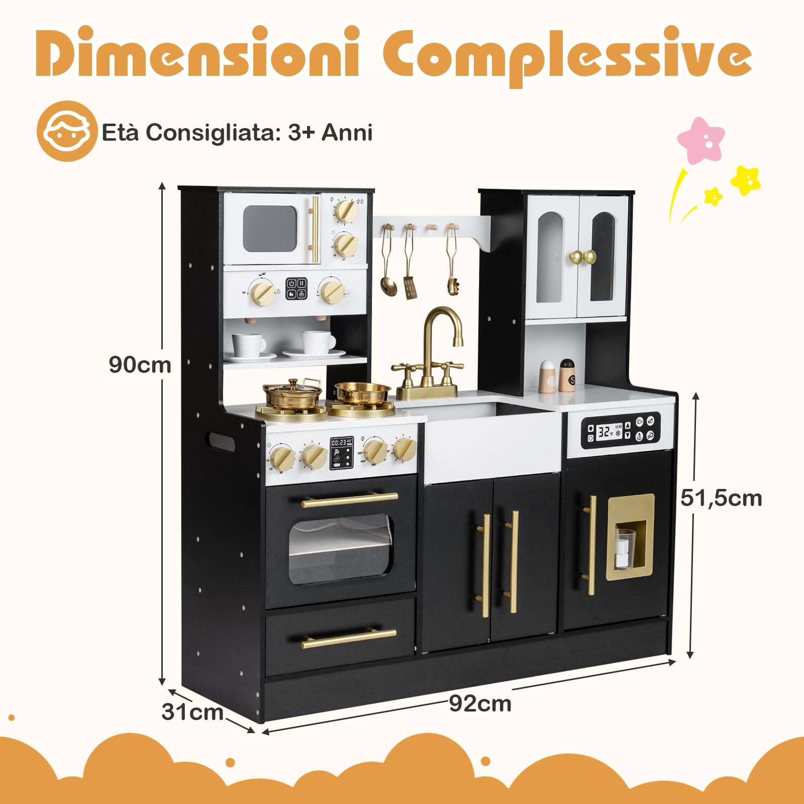 COSTWAY Cucina in Legno per Bambini, Cucina Giocattolo con Luci e Suoni Realistici, Fornelli, Lavello, Rubinetto, Forno, Macchina del Ghiaccio e Macchina del Caffè, per Bambini 3+ Anni (Nero)