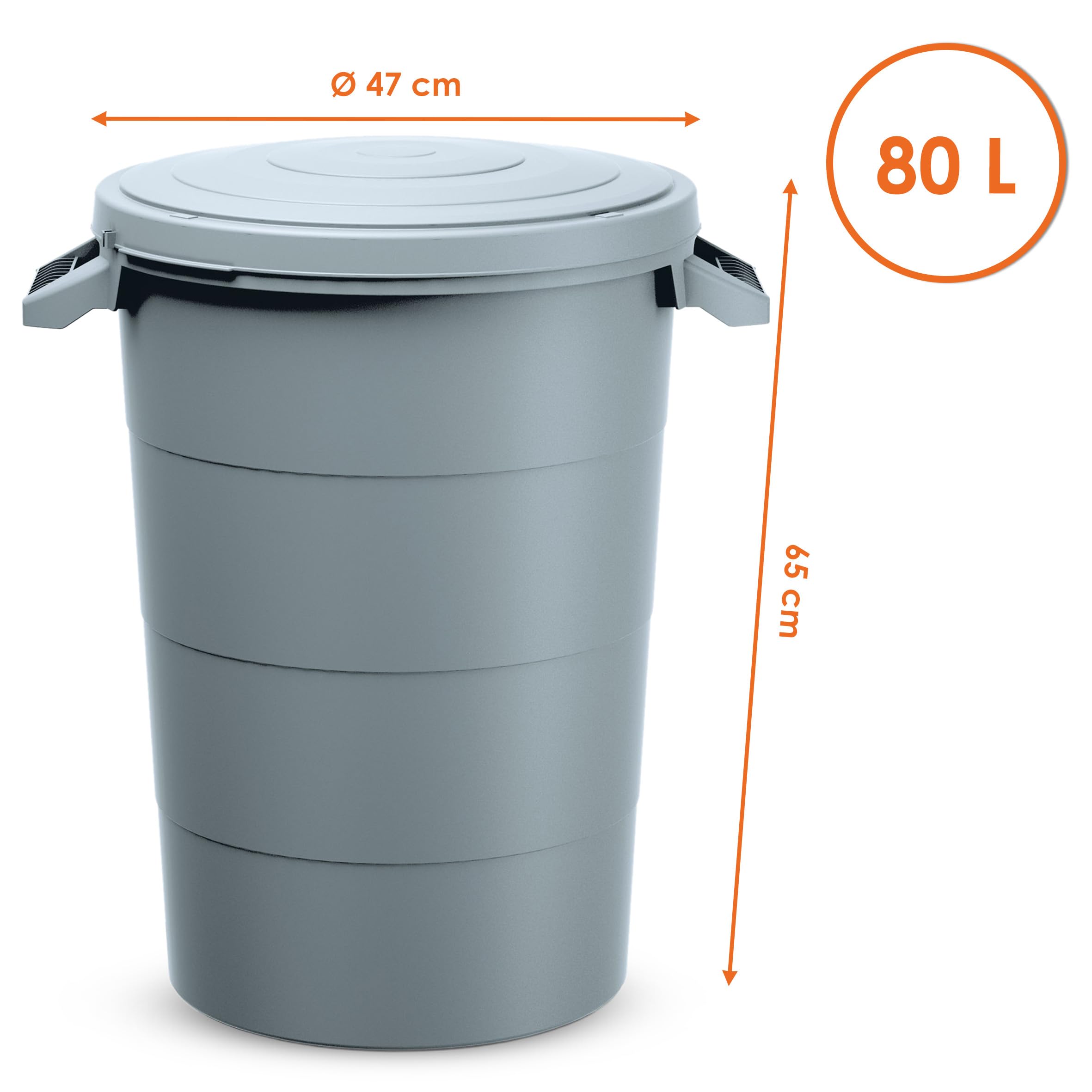 Serbatoio per acqua piovana 80 litri con coperchio - grigio - Universale in plastica con manici - Barile per la pioggia, serbatoio per giardino, secchio per rifiuti
