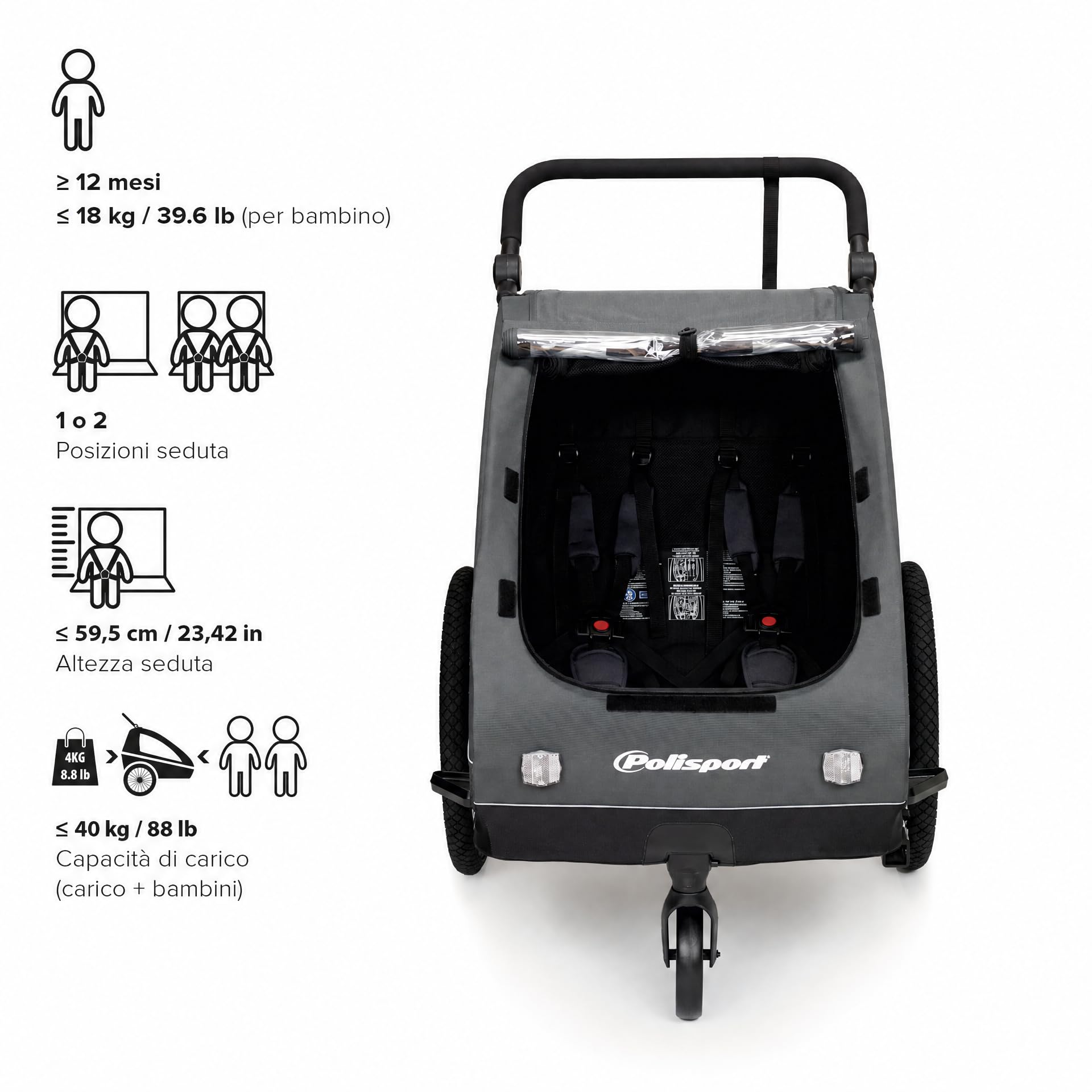 Polisport Rimorchio Bici Bambini 2 in 1 con Passeggino, Nero/Grigio