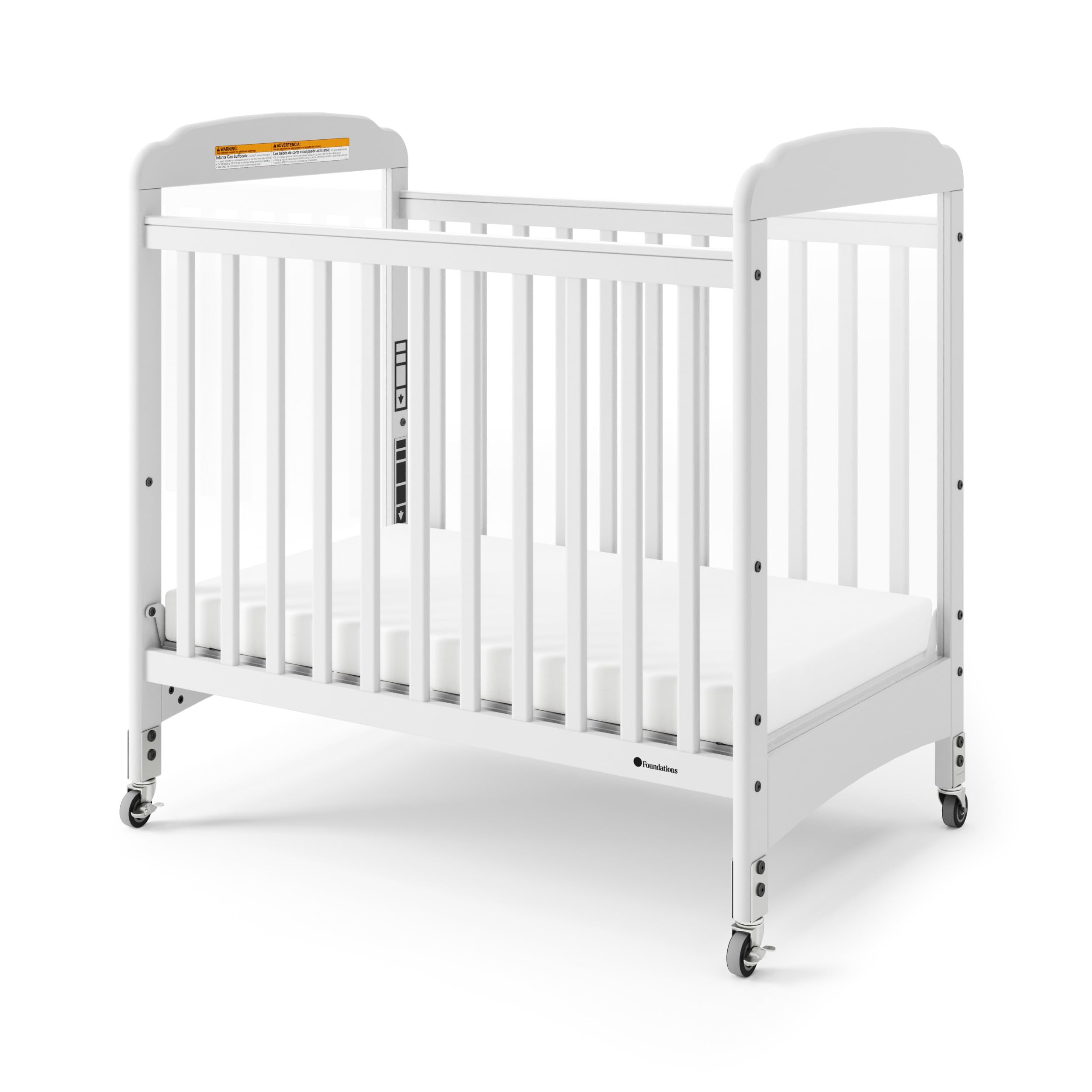 Foundations Serenity Compact Clearview Daycare Crib, Fixed Side, Durable Wood Construction, Non-Marking Casters (2 Locking), Clear End Panels,