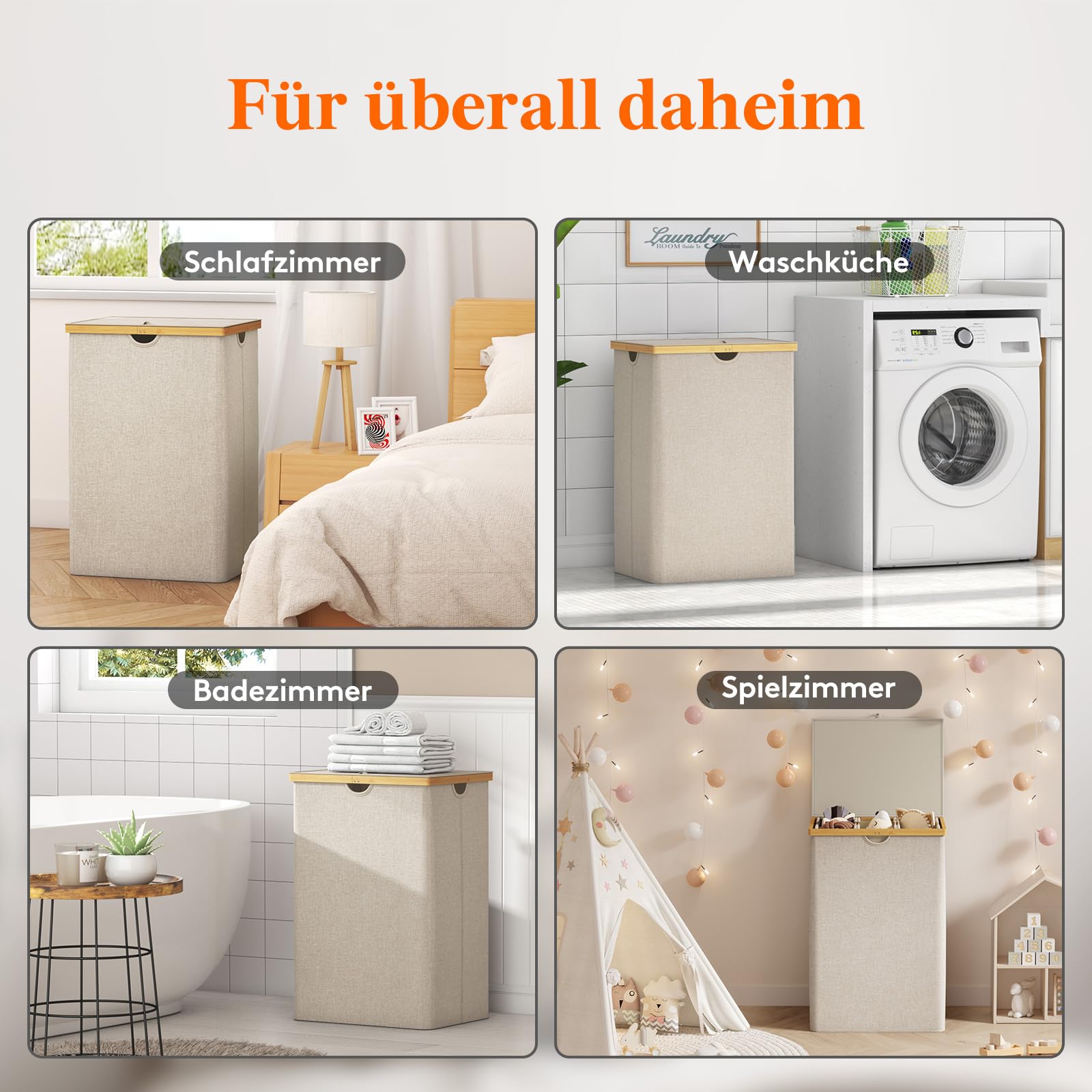 Lifewit 170L Bambus Wäschekorb mit Deckel, Faltbar Wäschesammler 3 Fächer Wäschesortierer mit Abnehmbarem Wäschesack Bambus Griffen Wäschebox Laundry Baskets für Waschküche, Schlafzimmer, Beige
