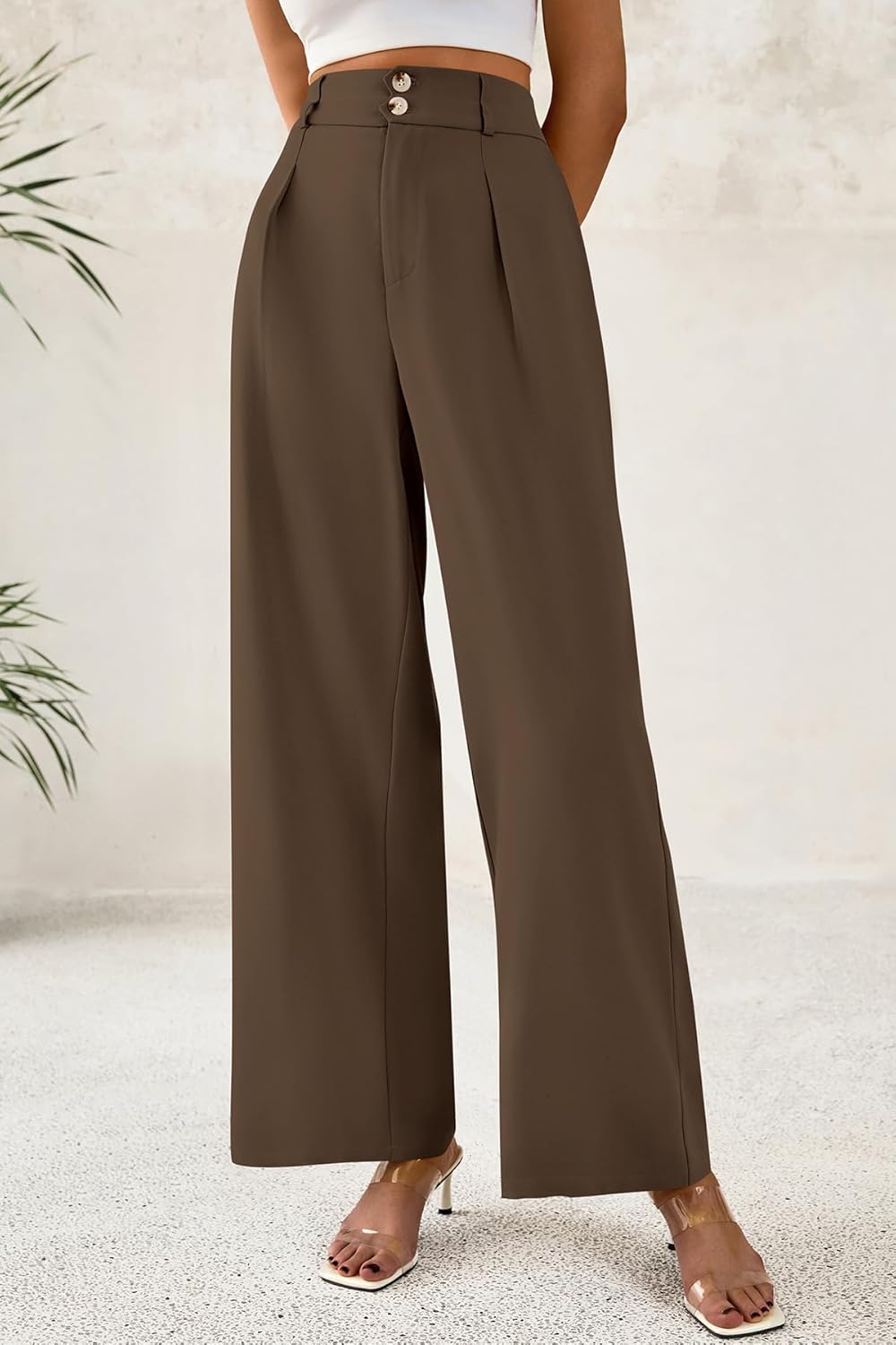 CFLONGE Women Wide Leg Dress Pants High Waist Work Trousers Button Pleated Slacks Palazzo Pants Business Casual Outfits - Image 2