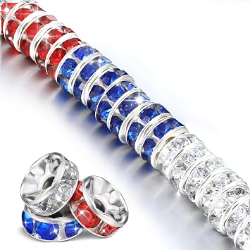 Ferreve 600 Pcs 4th of July Patriotic Spacer Beads for Jewelry Making 8mm Rhinestone Spacer Beads for Beaded Pens Red Blue White Crystal Bead Spacers for Independence Day Bracelet Necklace Gift Crafts