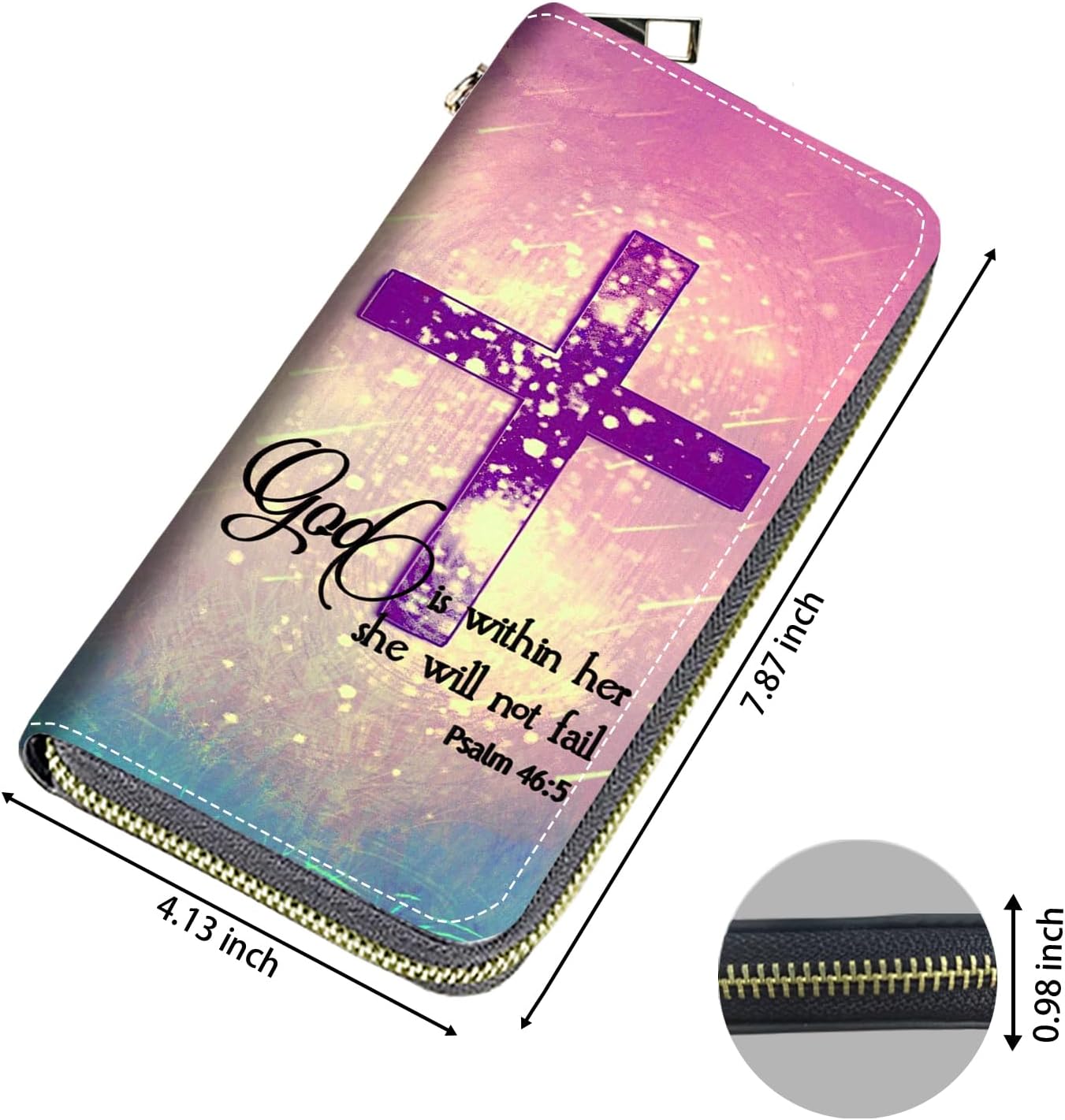 Women's Large Capacity Wallet,Portable PU Leather Zipper Wallet for Smart Phone/Card/Coin/Cash,Multifunctional Clutch Wallet with Removable Wristlet Strap,Christian Cross Quote Bible Verse Psalm 46:5 - Image 2