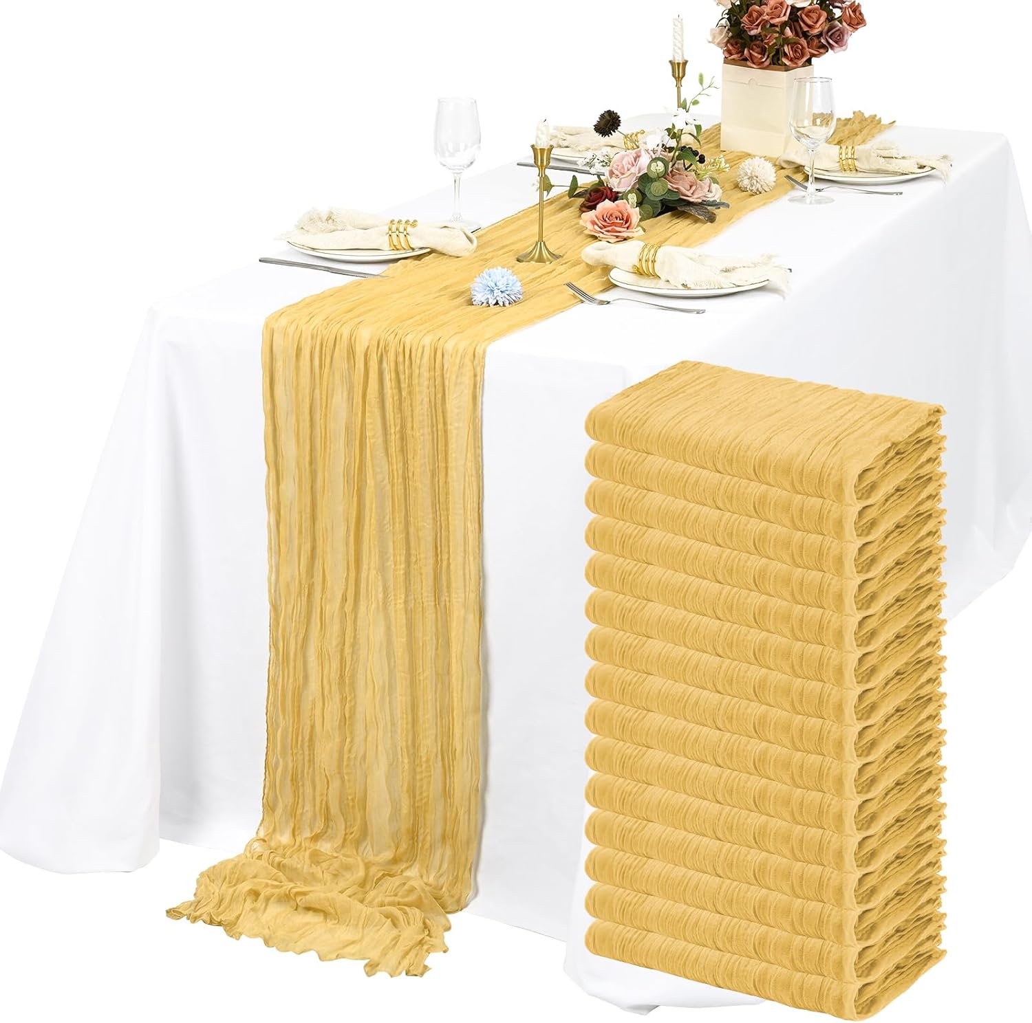 15 Packs Cheesecloth Table Runner Gold,10 Ft Rustic Gauze Boho Wedding Table Runner Decoration, Wedding Table Decor Table Cloth for Party Bridal Shower Table,21.5x120in
