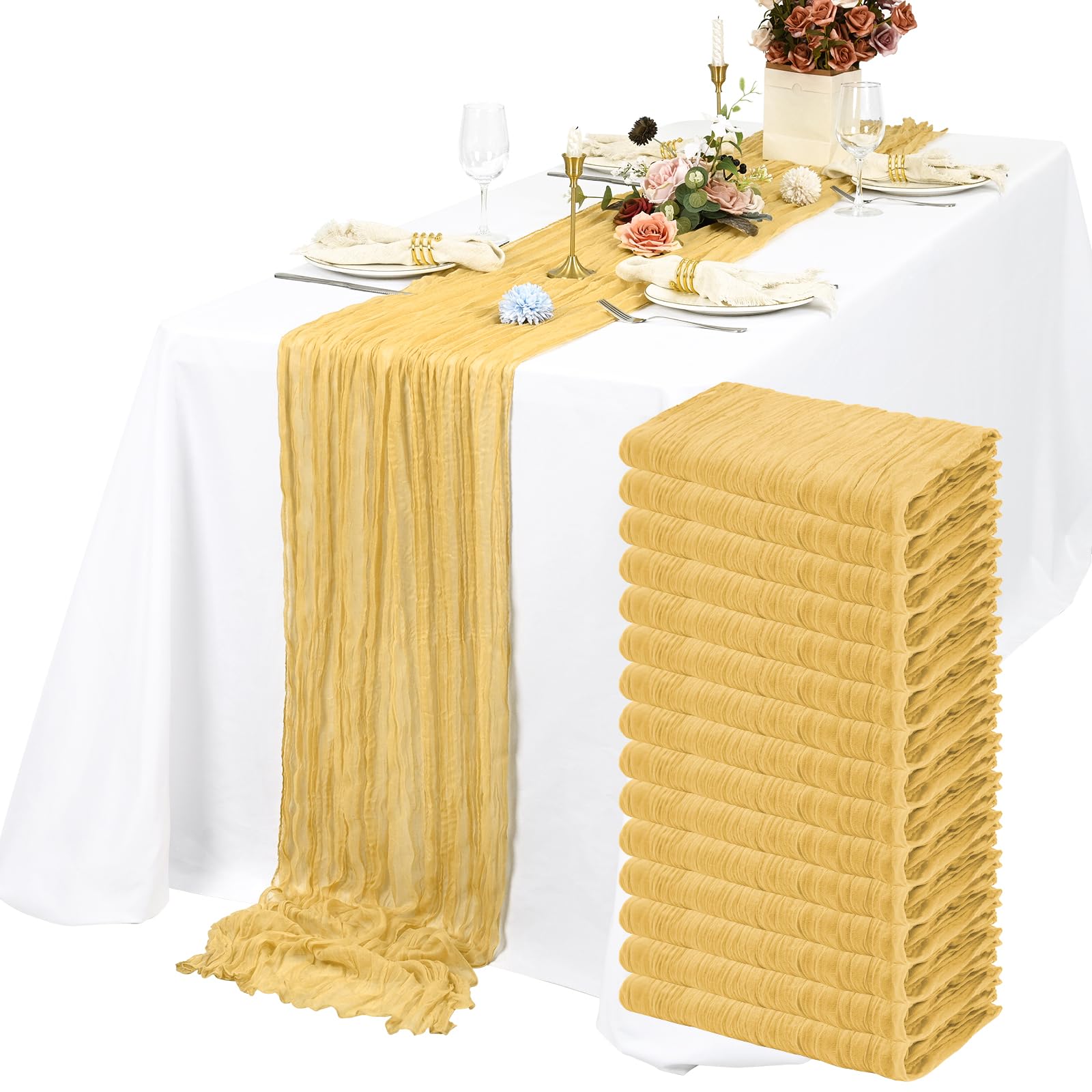 Chemin de table en étamine doré lot de 15 pour nappe banquet et grand mariage