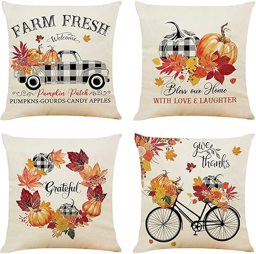 Juego de 4 fundas de almohada otoñales de 18 x 18 pulgadas, fundas de almohada de lino rústico de otoño para sofá, casa de campo, Acción de Gracias,