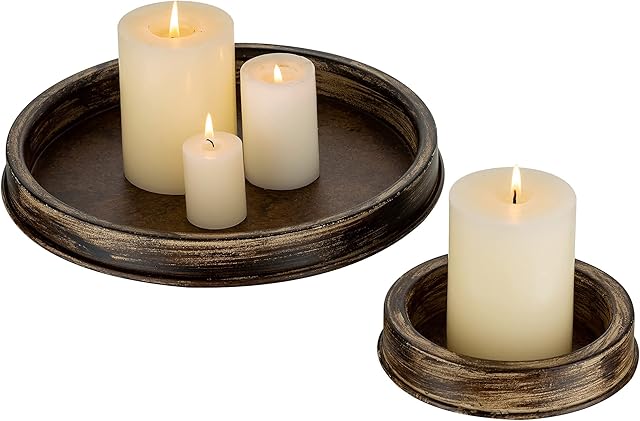 Romadedi Rustic Candle Holder Tray Plate - Decorative Small Organizer Pilalr Trays for Farmhouse Table Centerpiece Kitchen Countertop Coffee Table Home Decor Accessories Set of 2, 15+28cm