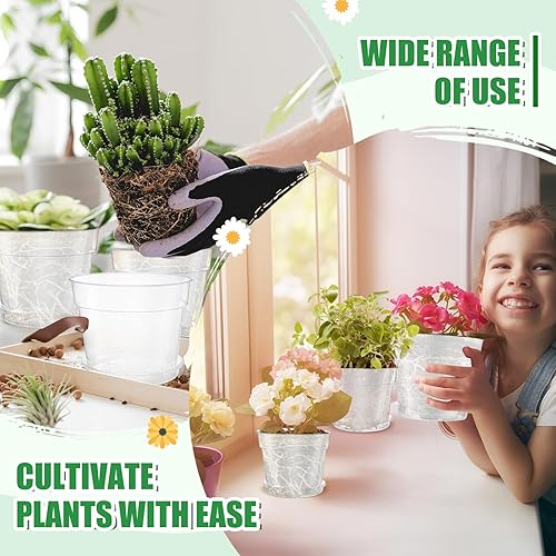 Miniatura 5 de Hushee Juego de 10 macetas transparentes de 9.25 pulgadas con 10 platillos y 100 etiquetas para plantas, maceta de plástico transparente con