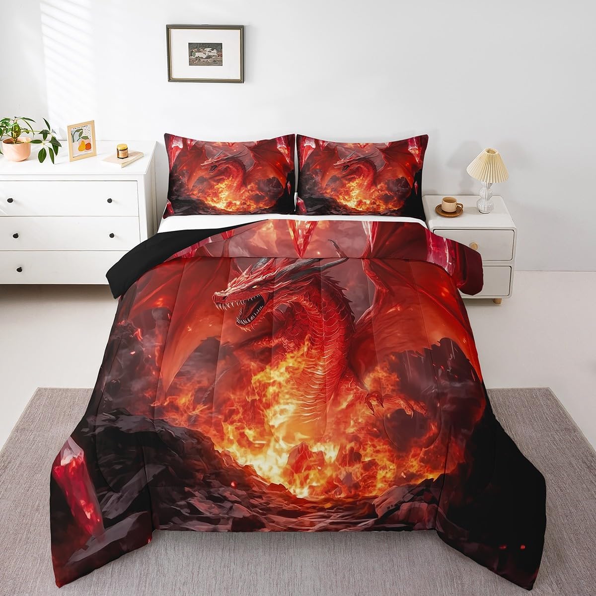 Castle Fairy Dragon Boys Girls Comforter Set,Wild Animals Cool Magical Style Duvet Set for Room Decor,Glowing Flame Dragon Brushed Microfiber Soft Quilt Cover,Full