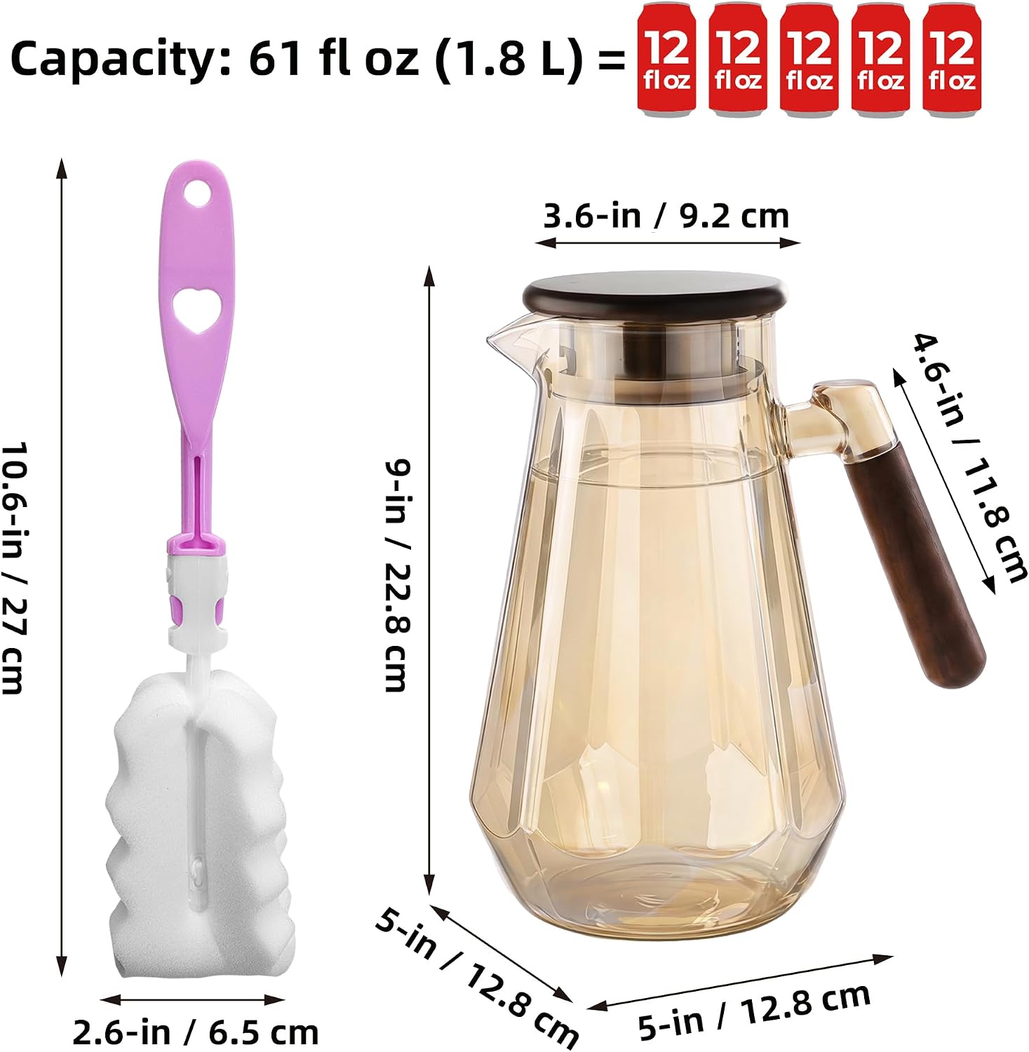 1.8L Glass Pitcher with Lid and Spout, Borosilicate Glass Carafe for Hot/Cold Drink, Water Pitchers with Handle for Fridge, Extra Large Jug for Iced Tea, Coffee, Juice, Beverage