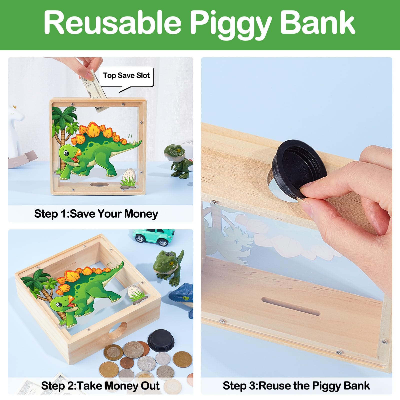 Amazon.co.jp: 男の子用貯金箱 木製恐竜貯金箱 子供用 漫画 マネーバンク コインバンク DIYアルファベットステッカー付き  グリーンイエロー : Toys & Games