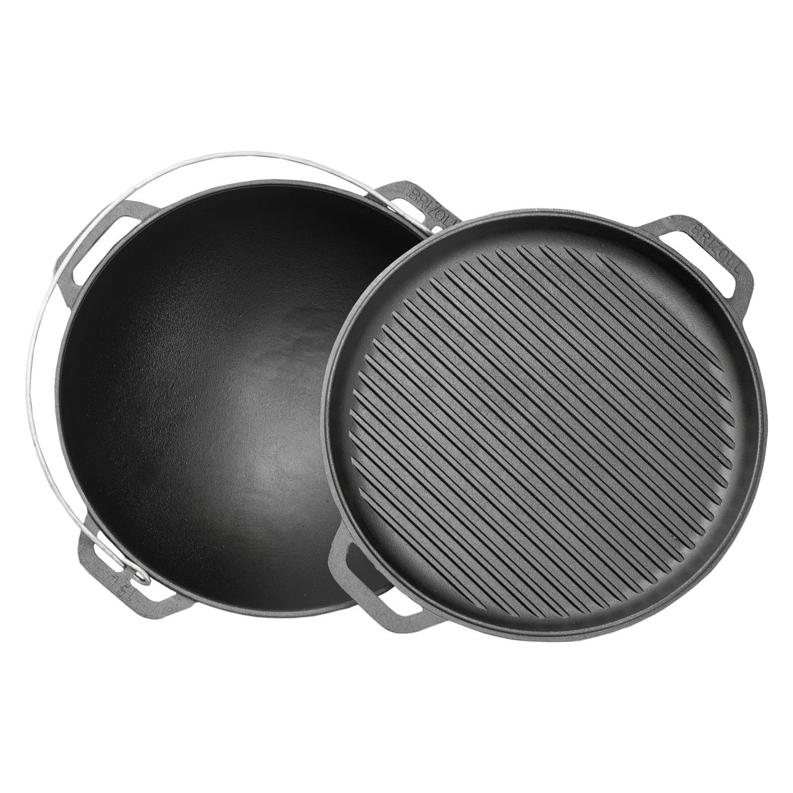 12L Gusseisen Schwenktopf Kazan Asia Kasan mit Deckel-Grillpfanne aus Gusseisen Grillwok Wokpfanne Grill Cast Iron Campingtopf Kessel Wok Traditioneller