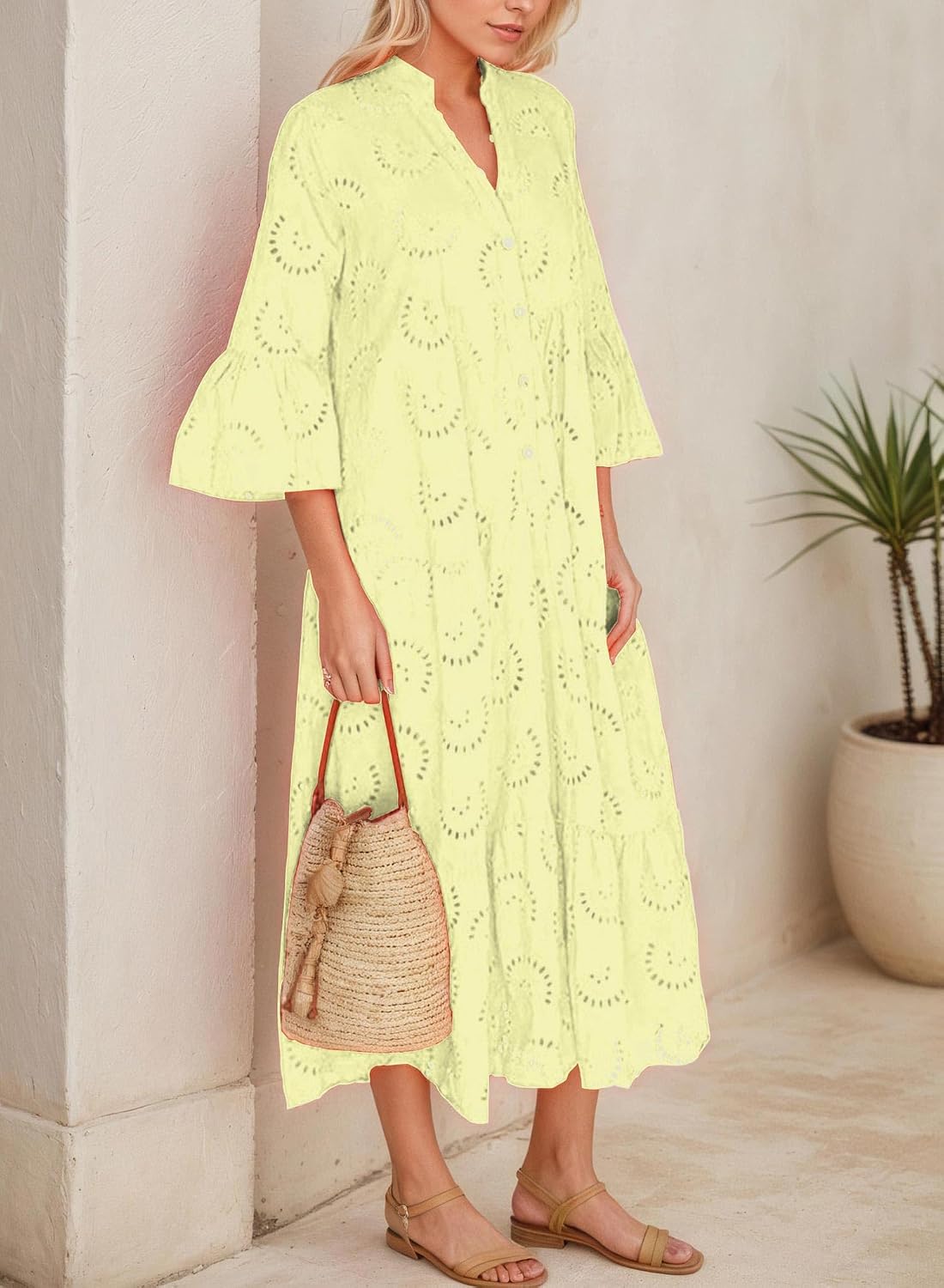 Women's Long Flowy Embroidered Eyelet Tiered Double Lined Loose Fitting Dresses