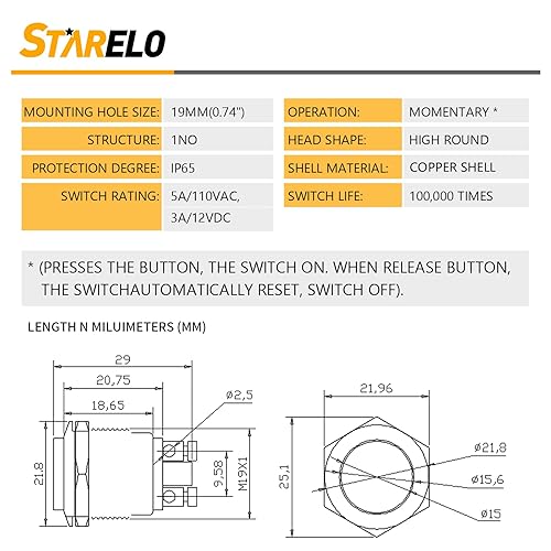 Miniatura 3 de Starelo 5 interruptores momentáneos de 0.748in, carcasa plateada, interruptor de botón impermeable IP65, carcasa de cobre 1 normalmente abierto sin