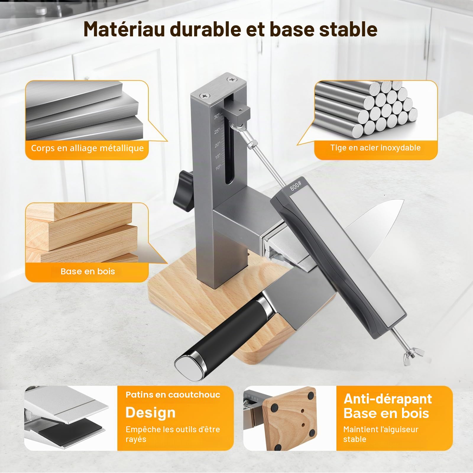 Affûteur de Couteaux Professionnel Set avec Angle Fixe 10-30°, Aiguiseur de Cuisine avec 2 Blocs Diamantés Double Face pour Couteaux en Acier Inoxydable et céramique de Toutes Tailles