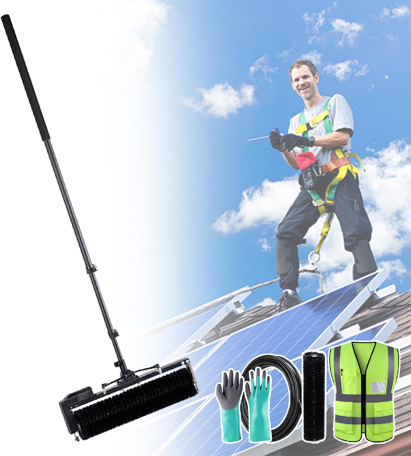 Solar Panel Cleaning Roller Brush, Photovoltaic Panel Cleaning Brush - 3.5/5.5/7.5m,With 60cm Automatic Rotation Brush &Adjustable Water Fed Pole&10m Extension Hose & Water Pump 7.5m/24.6ft