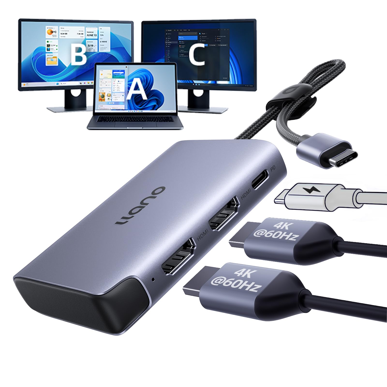 llano HDMI Splitter per Display Esteso per Doppio Monitor Adattatore da USB-C a Doppio HDMI MST,4K@60Hz 2K@144/ 120Hz PD 100W HDR10+ MST SplitExtend HDMI per Laptop macOS e Windows