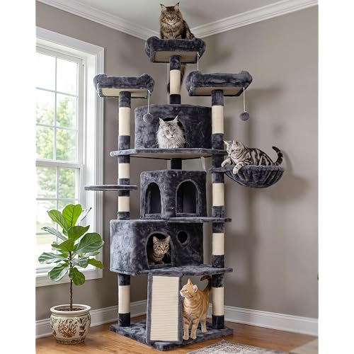 Hey-brother XL Cat Tree, 73.4 inch Cat Tower with 3 Caves, 3 Cozy Perches, Scratching Posts, Board, Activity Center Stable for Kitten/Big Cat, Gray MPJ032G