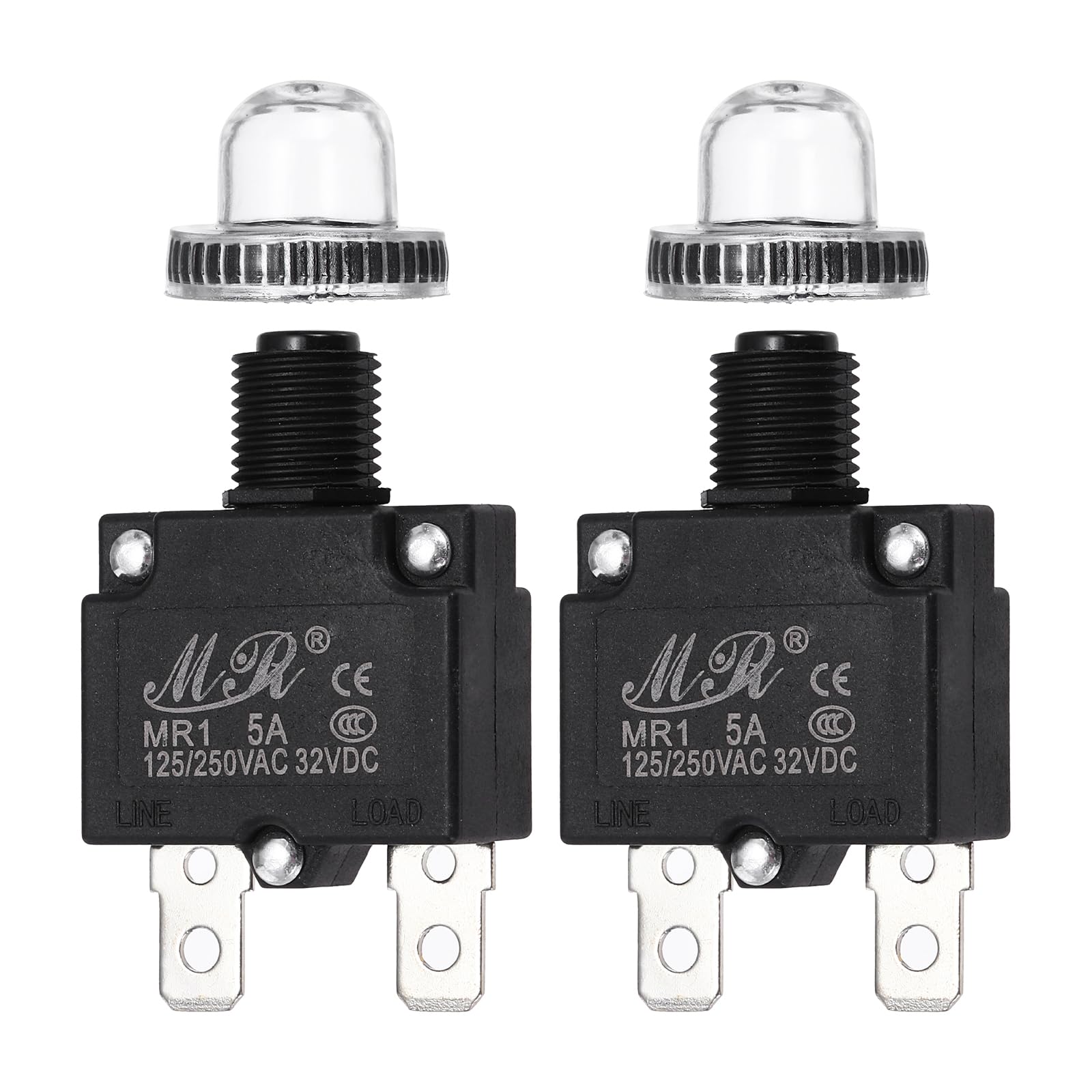 sourcing map 2 Pcs 5Amp Push Button Circuit Breaker,125/250V AC 32V DC Manual Reset Thermal Overload Protector with Waterproof Button Caps