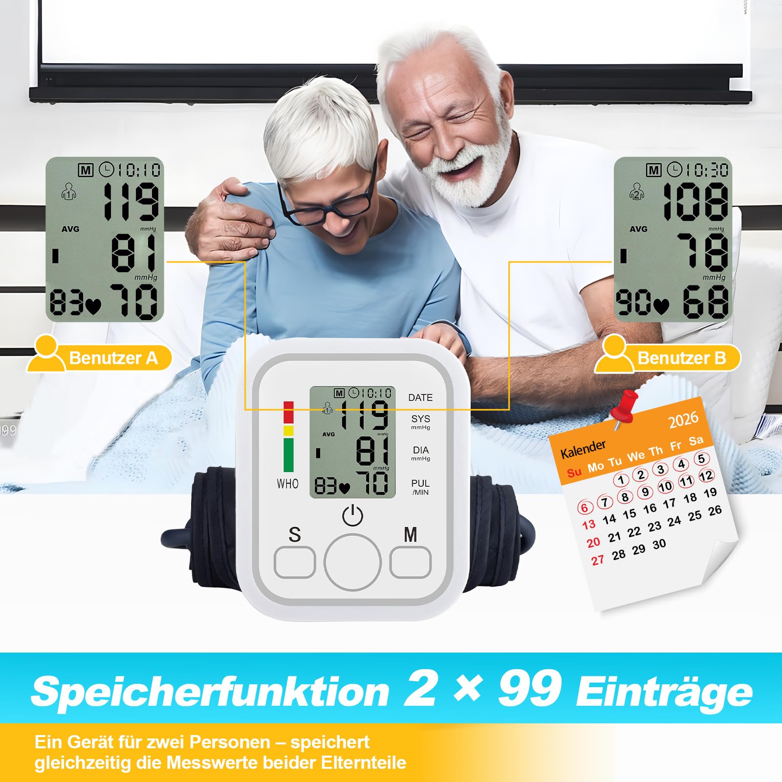 Tensiómetro de muñeca, Tensiómetro Digital, Medidor Tension Arterial Aparato Tension Arterial Medición Precisa Con Gran Pantalla LCD/Memoria (2x99) Regalo para Madres Padres