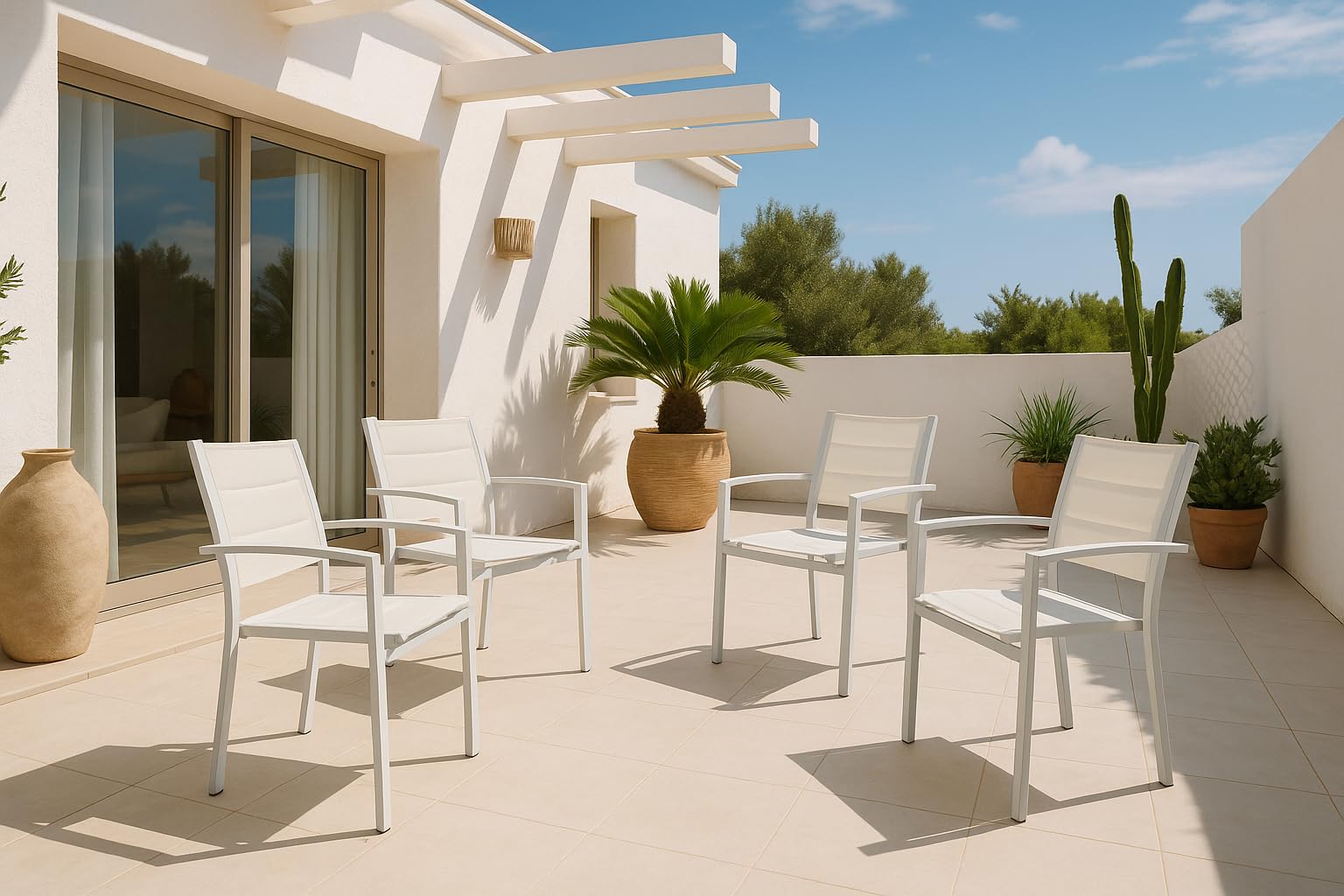 MOMMA HOME Pack 4 Sillas Terraza Exterior - Jardin Acolchadas con Reposabrazos, Material Textiline y Aluminio, Color Blanco, Medidas 87,5 x 56,5 x 57,5 cm