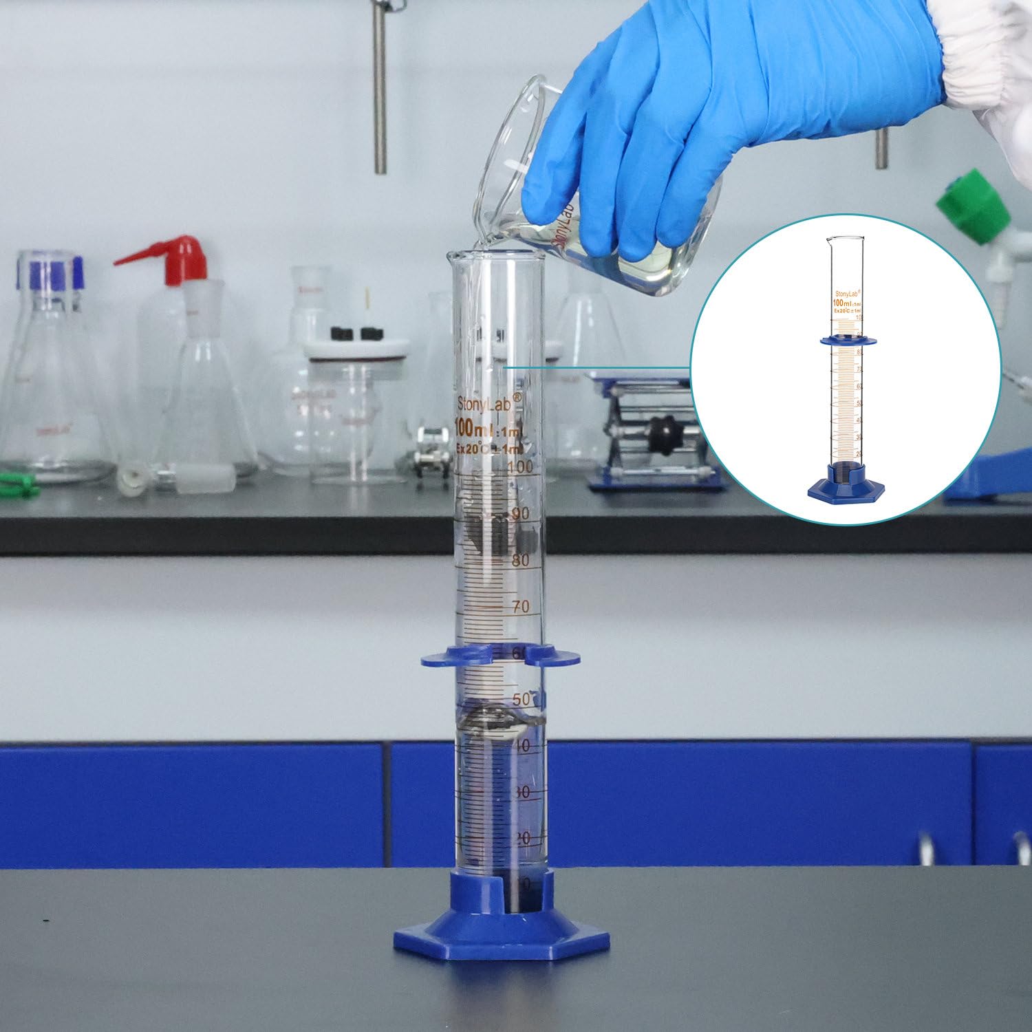 Cilindro Graduado de Vidrio Borosilicato 100 ml con Base Hexagonal de Plástico y Collar Protector para Laboratorio