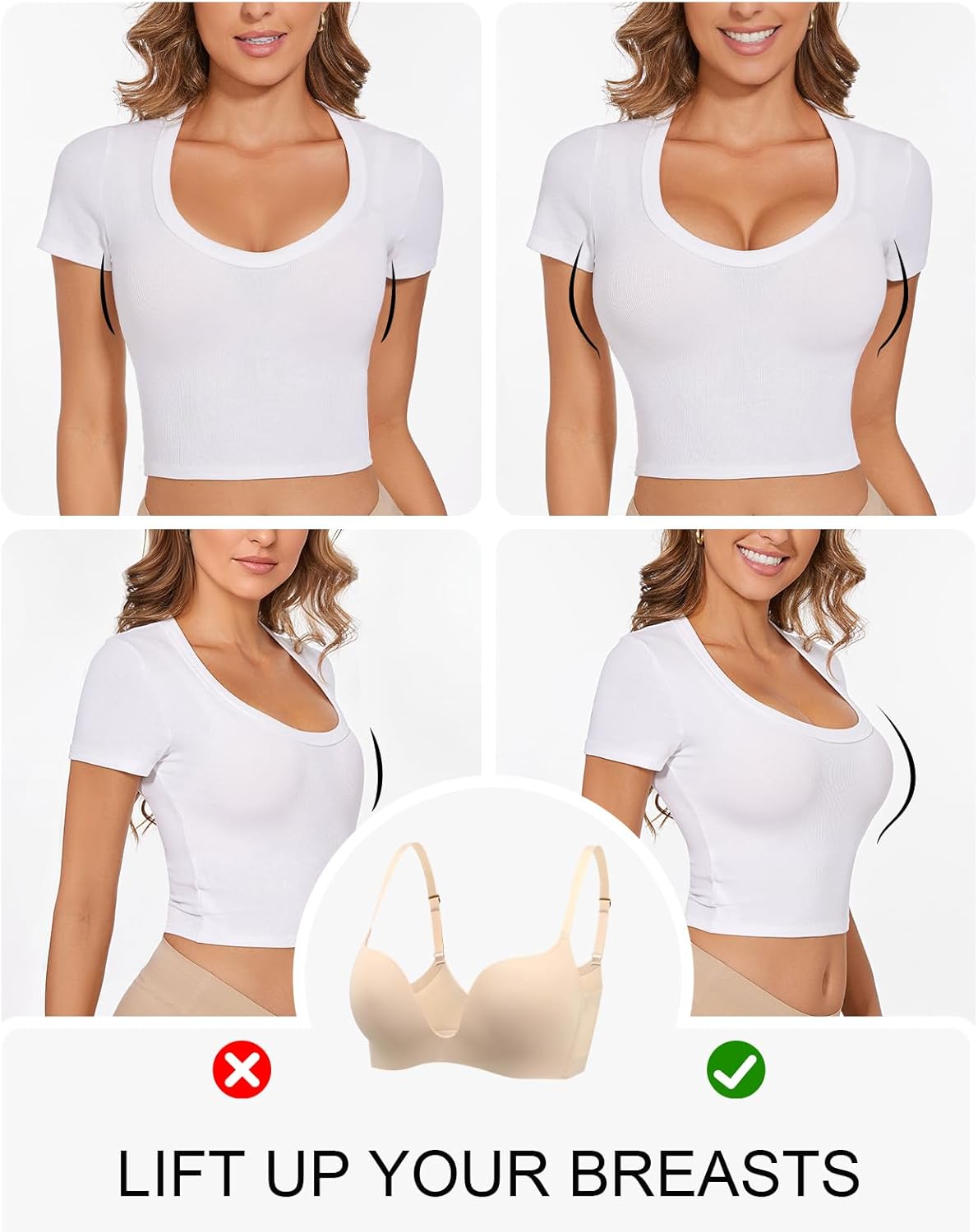 Wireless Push Up Bra Padded Plunge Add one Cup T Shirt Comfort Bras Nude 36D - Image 2