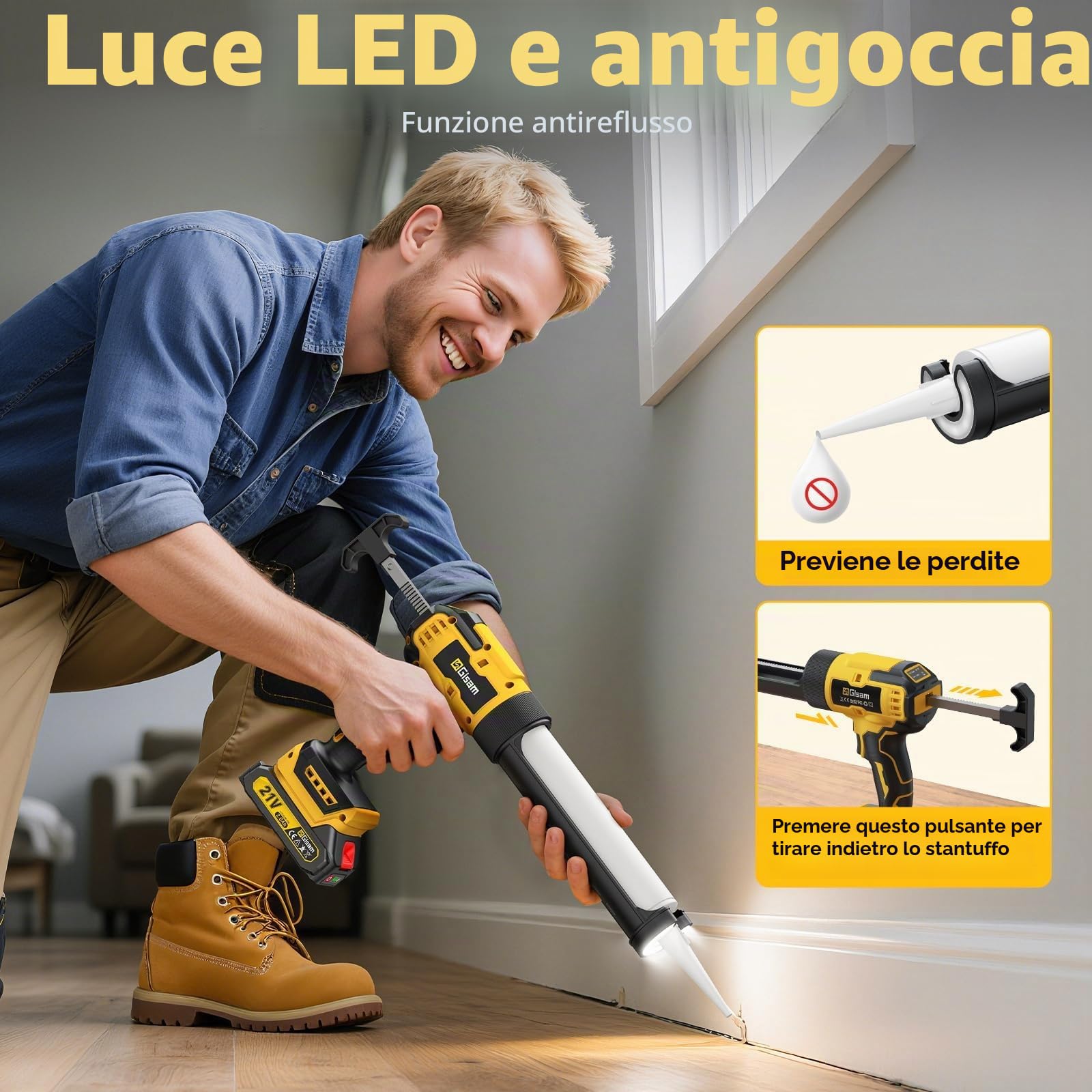 Pistola a cartuccia senza fili con 2 x 2000 mAh Batteria, Pressione Max 4000 N, per cartucce da 310 ml, 6 velocità, pistola in silicone elettrica per sigillatura, riempimento professionale