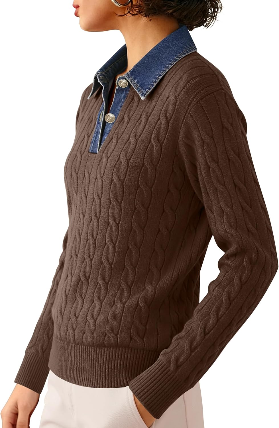 SAUKOLE Sweaters for Women Denim Lapel V Neck Buttons Closure Casual Long Sleeve Cable Knit Loose Pullover Sweater - Image 5