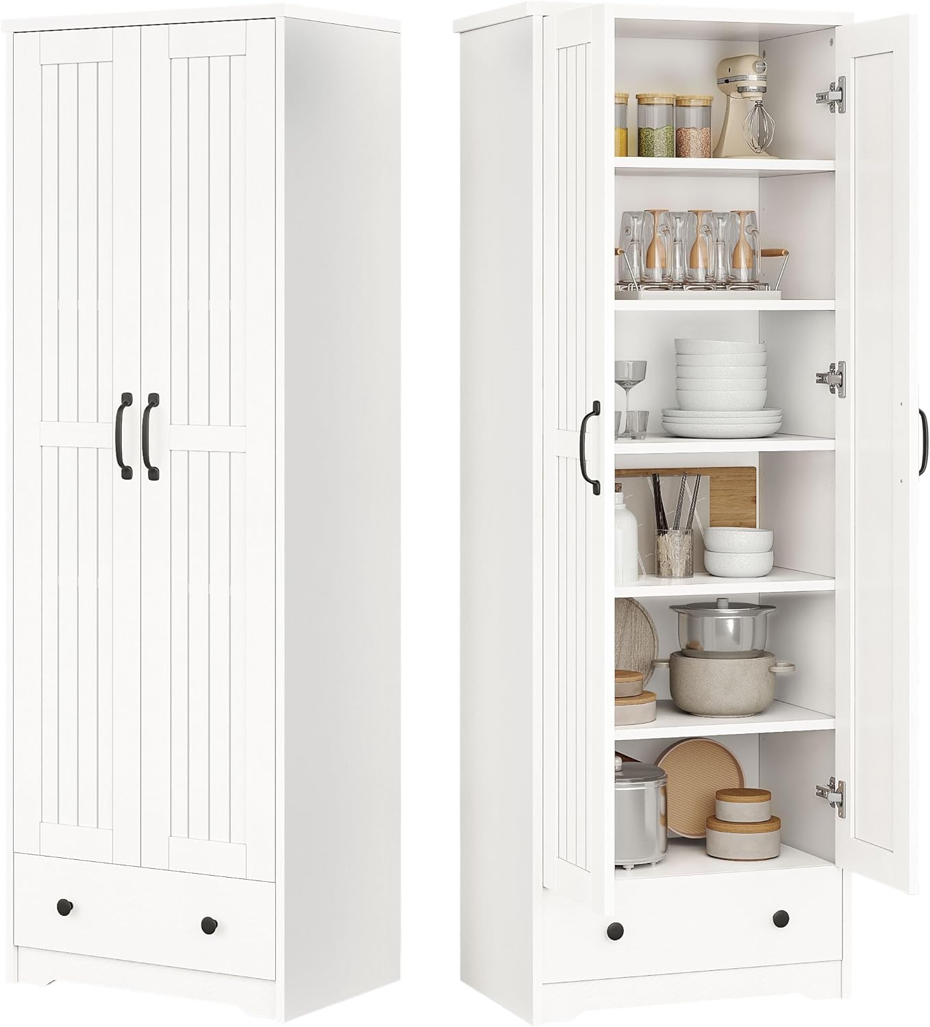 Decofy 70" Tall Storage Cabinet: Large Kitchen Pantry with 6 Adjustable Shelves, Drawer, Striped Doors - White Antique Utility for Bathroom & Dining