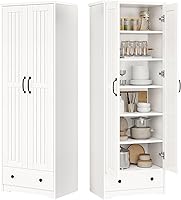 Decofy 70" Tall Storage Cabinet: Large Kitchen Pantry with 6 Adjustable Shelves, Drawer, Striped Doors - White Antique Utility for Bathroom & Dining