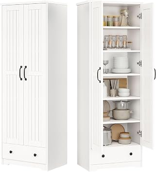 Decofy 70" Tall Storage Cabinets, Large Wood Storage Pantry Cabinet with 6 Adjustable Shelves, 2 Striped Doors & Drawer, Standing Utility Cabinet for Kitchen, Bathroom, Dining Room, Antique White