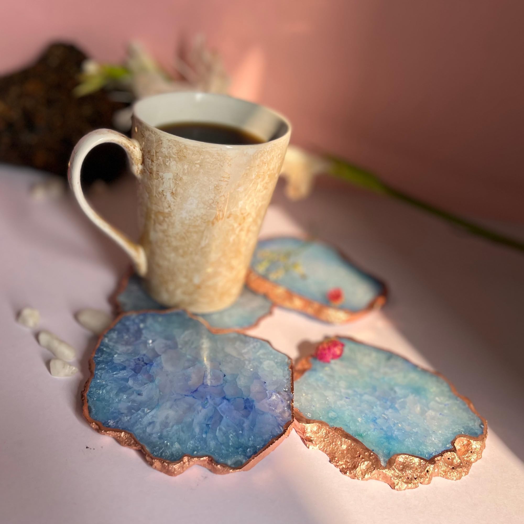 Elegant Agate Stone Coasters Set of 4 with Rose Gold Edges | Decorative Drink Coasters for Tea & Coffee Cups Glasses | Gifting Home Decor Office Tabletop, Desk (Blue)