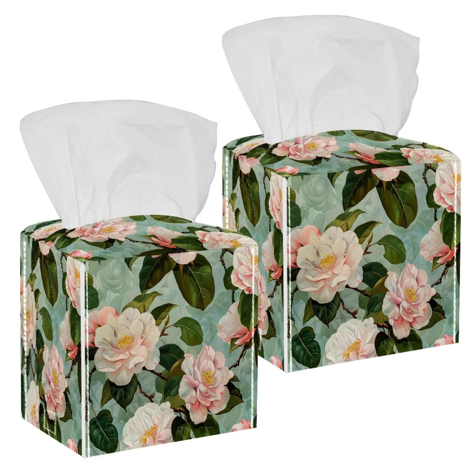Camellia Pattern Tissue Box Cover, 2 Pack PU Leather Square Facial Tissue Dispenser Box holder for Home Office Car