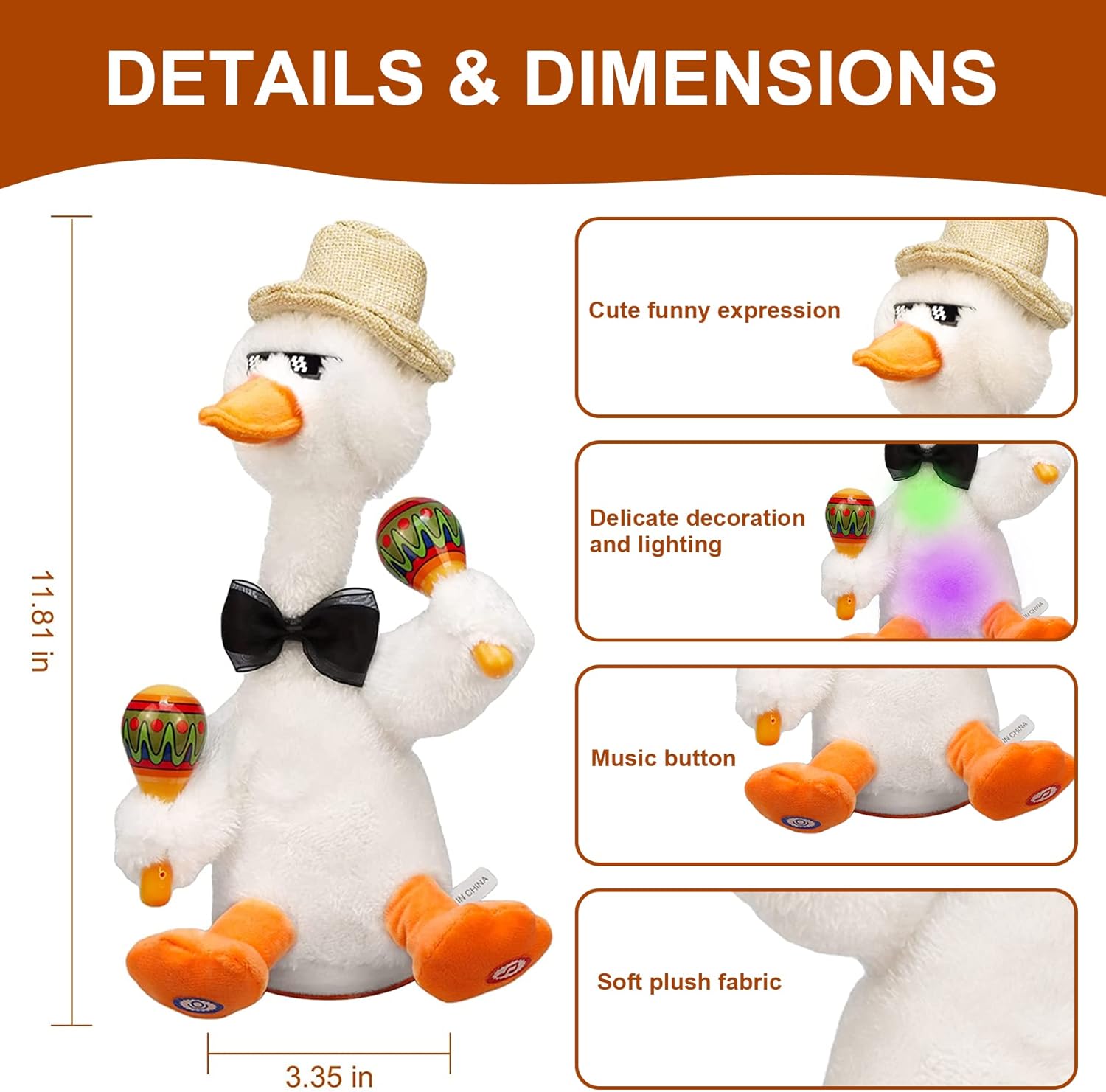 JISON21 Plush Toys, Volume Control Singing and Dancing Cactus Toys, Recording Cactus, Home Decorations, for Children (White-Duck) : Toys & Games